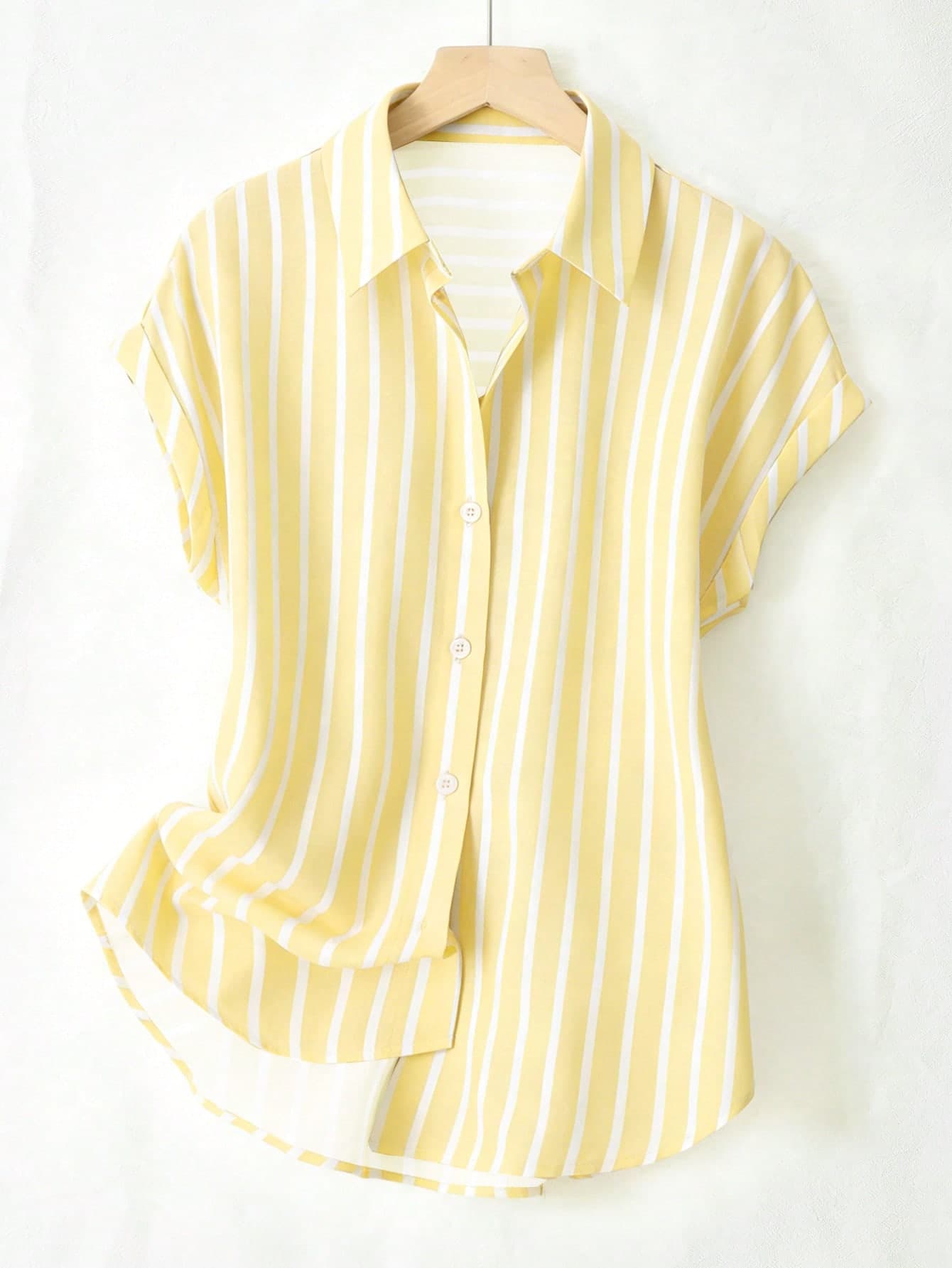 Summer Fashion Striped Single-Breasted Drop Shoulder Short Sleeve Shirt, Polyester Contrast Color Front Button Closure, Short Front Long Back Design