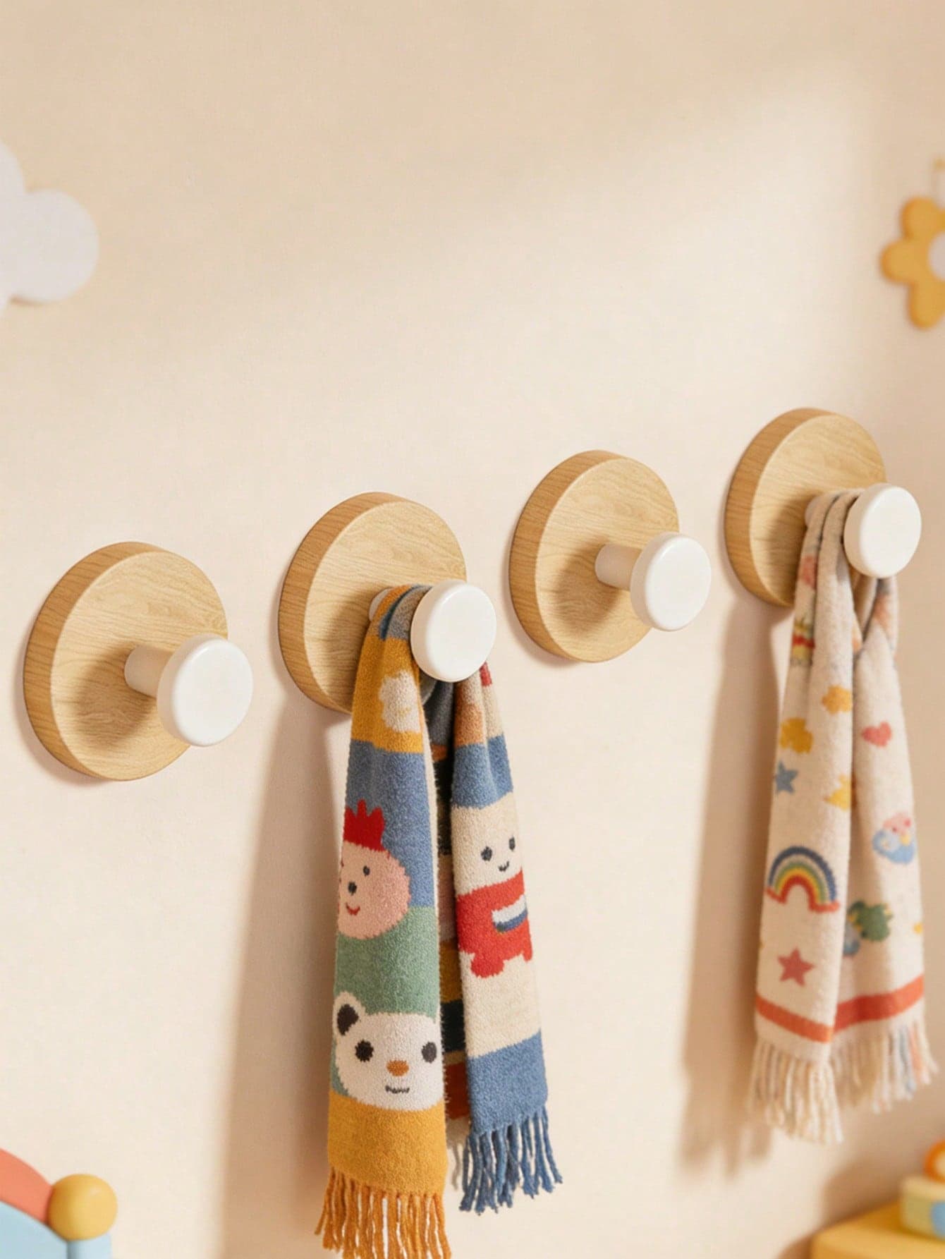 4/8/12pcs Wall-Mounted Faux Wood Grain Hooks, Smooth Edges, No Drilling Required, Suitable For Nursery Decor, Baby Essentials, Newborn Wall Decoration, Children's Room
