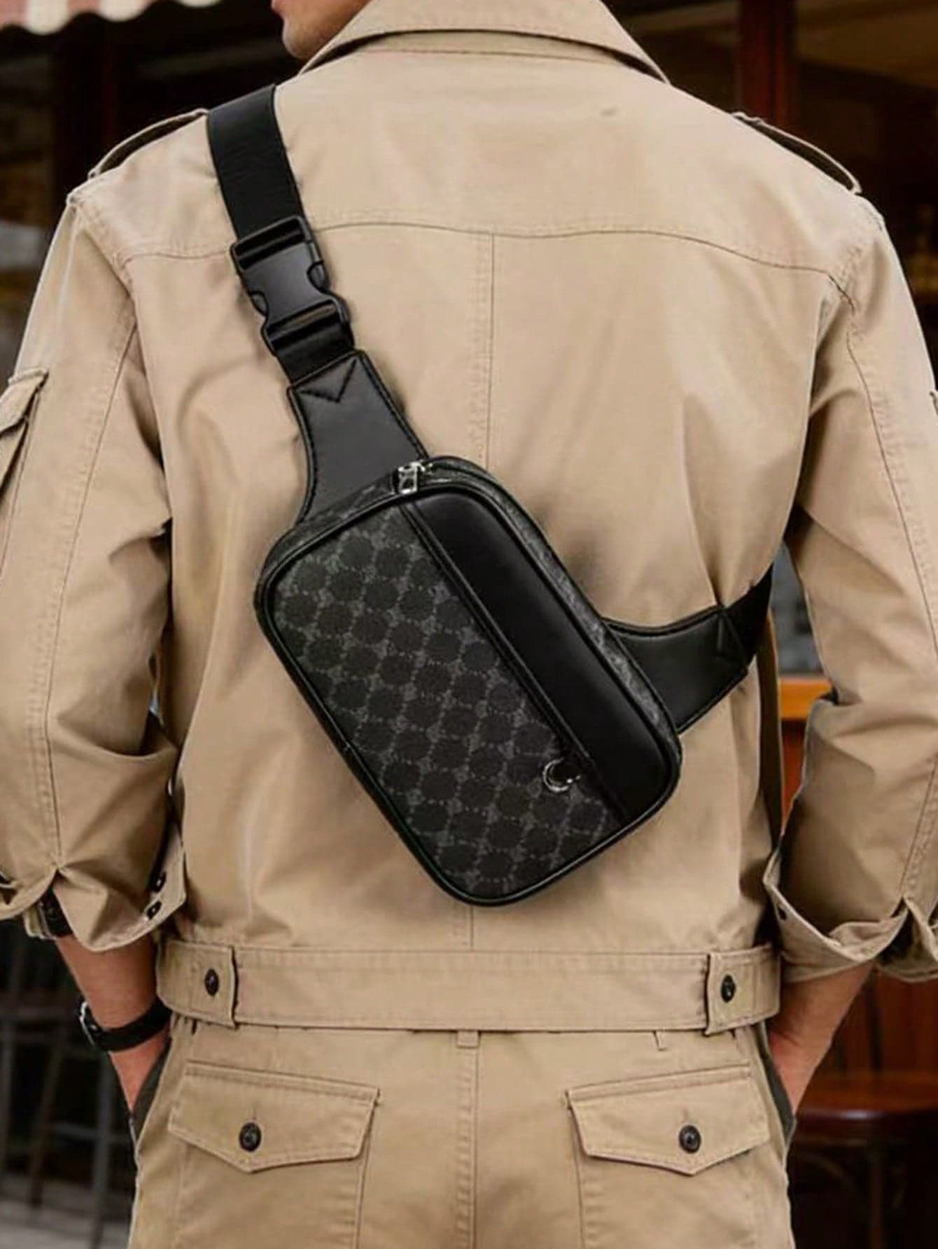 Men's Geometric Pattern One Shoulder Bag Black PU Leather Chest Bag Casual Daily Commute Crossbody Bag Fashion Designer Inspired Waist Bag Suitable For Travel Fitness Shopping Work
