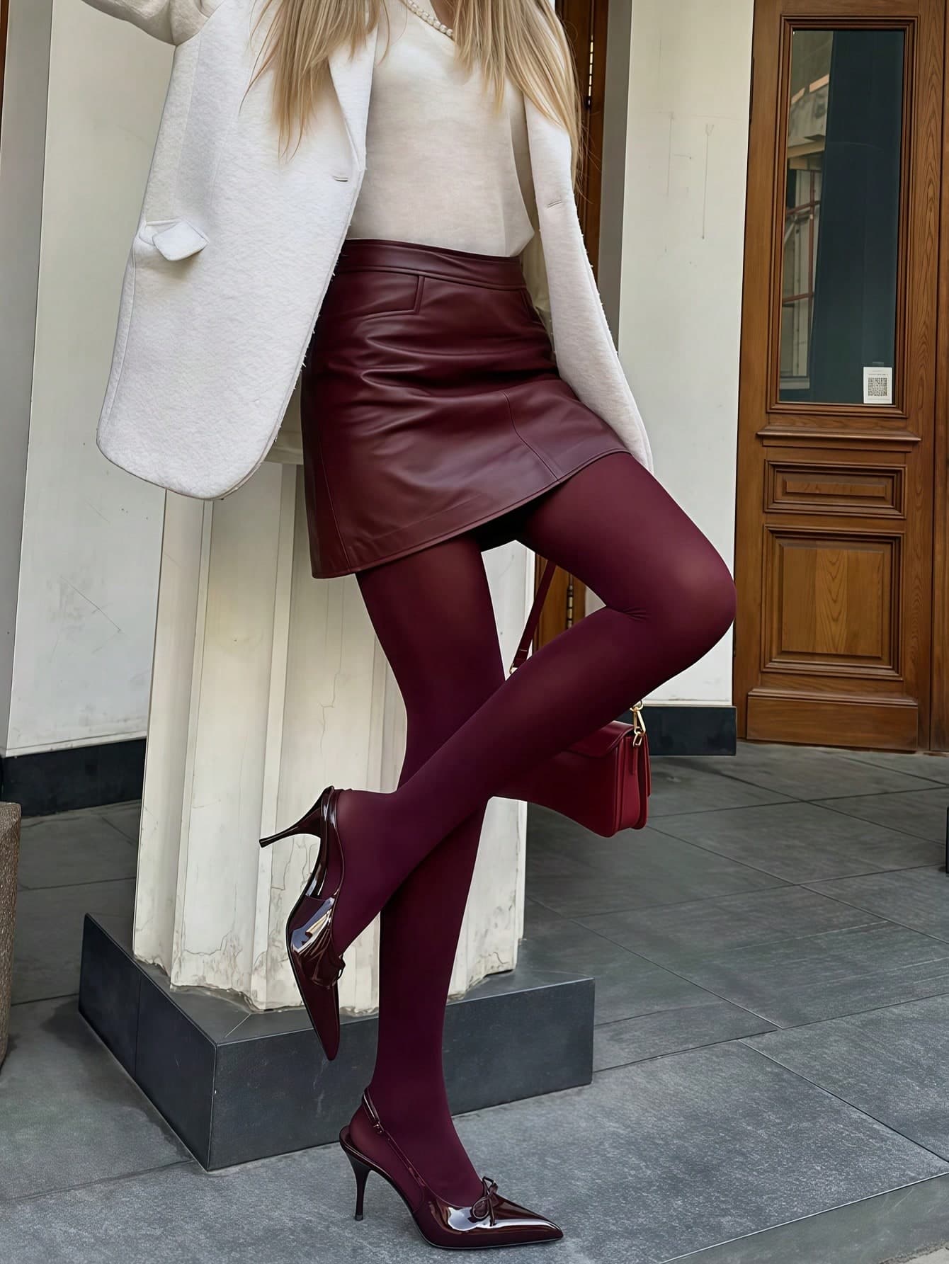 Women's Wine Red Matte Velvet Leggings - High Stretch Retro Slim Fit Full Length Pants, Suitable For Parties, Gatherings And All Seasons - Elegant Comfortable Skinny Tights