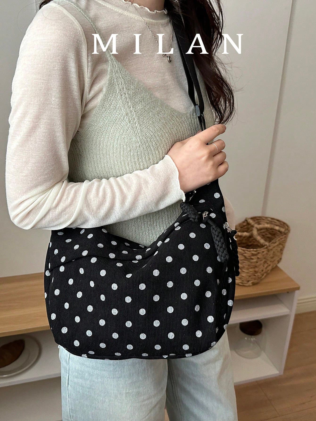 DAZY Fashionable Solid Color Polka Dot Nylon Waterproof Shoulder Bag, Casual Minimalist College Style With Wide Strap, Multiple Zipper Design, Suitable For Students, Shopping, Daily Use