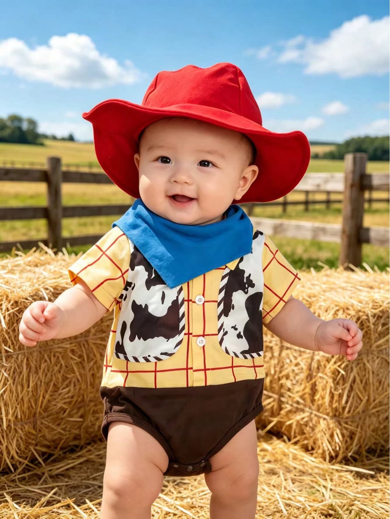3pcs/Set Infant Summer Short Sleeve Romper Outfit, Denim Style With Hooded Hat, Plaid Bodysuit & Blue Bandana