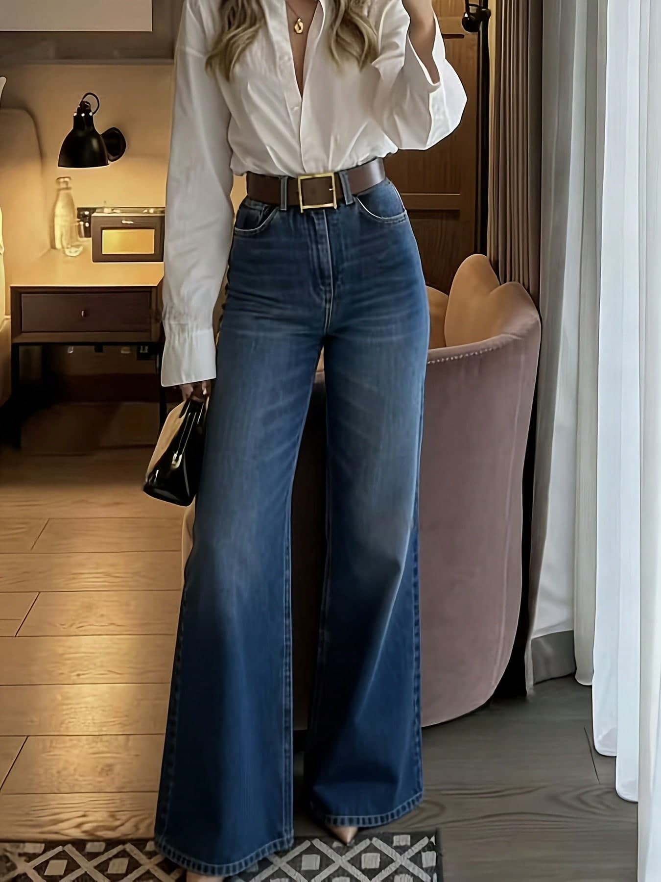 New Women's Stretch Denim Wide Leg Trousers High Waist Jeans For Work And Daily Wear Casual
