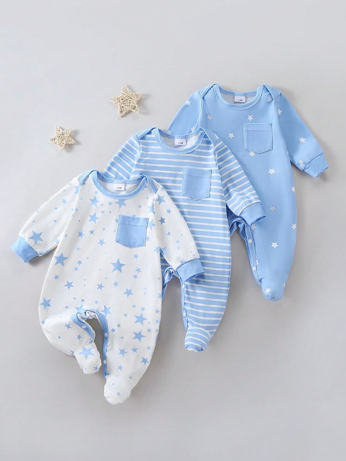 3pcs Star Print Footie Romper Set