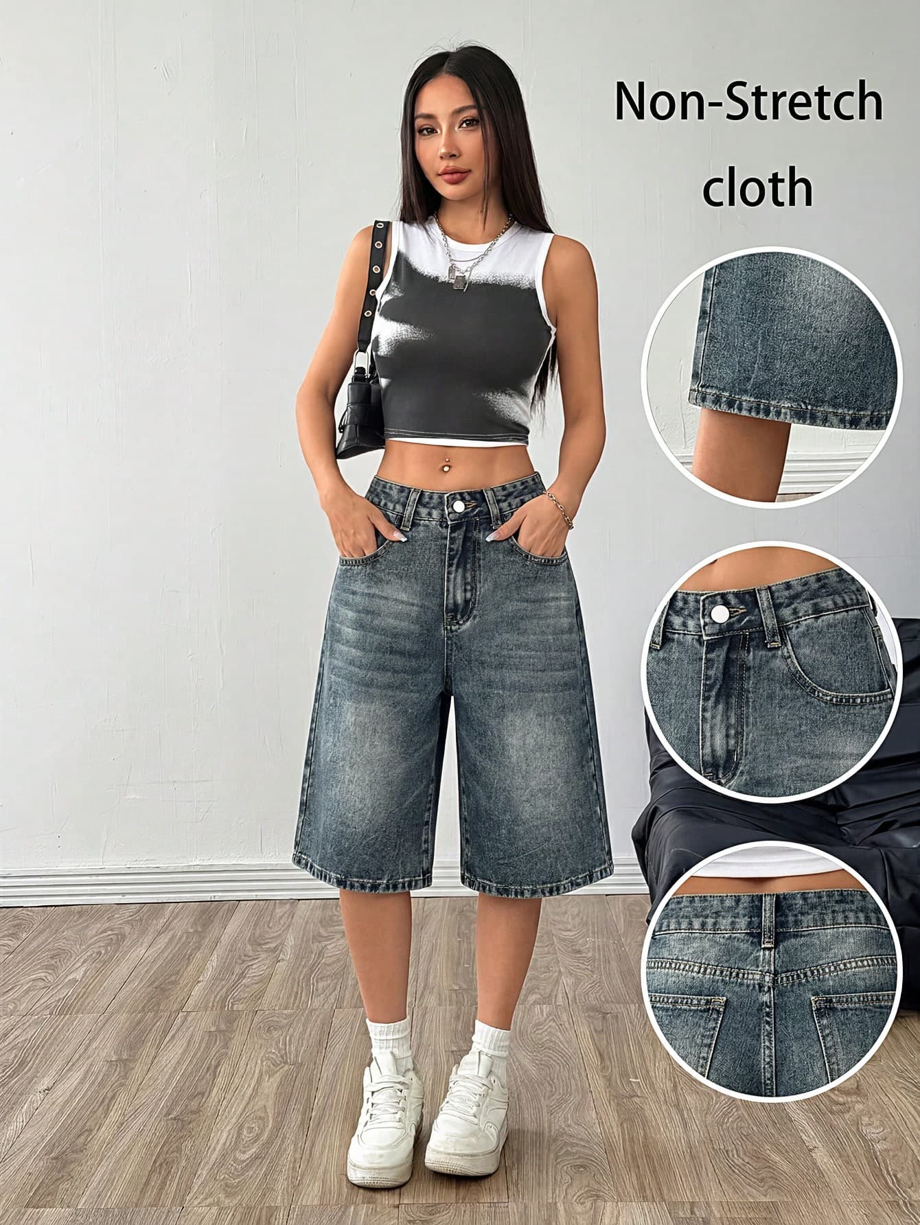Women's Summer Casual Washed Denim Bermuda Shorts, Distressed Details, Loose Knee-Length Denim Pants, Suitable For Summer Outfits