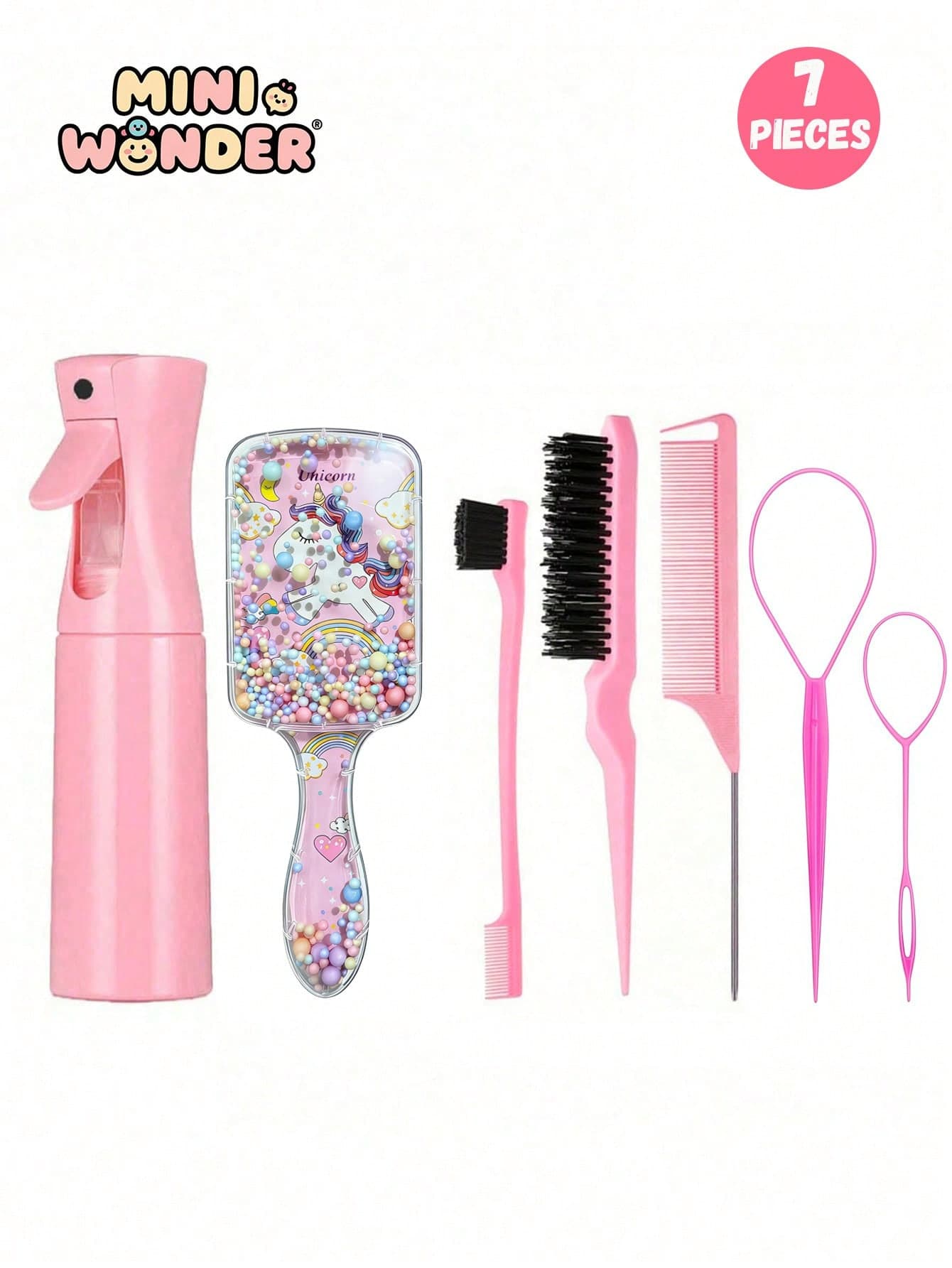 7pcs/Set Square Comb & Spray Bottle Set, Cartoon Eiffel Tower Print Anti-Static Plastic Comb, Portable Pattern Hair Comb, High Pressure Mist Spray Bottle, Suitable For Teenagers, Normal Hair Type, Durable ABS Handle, Cute Square Design, Hair Styling Tool Set