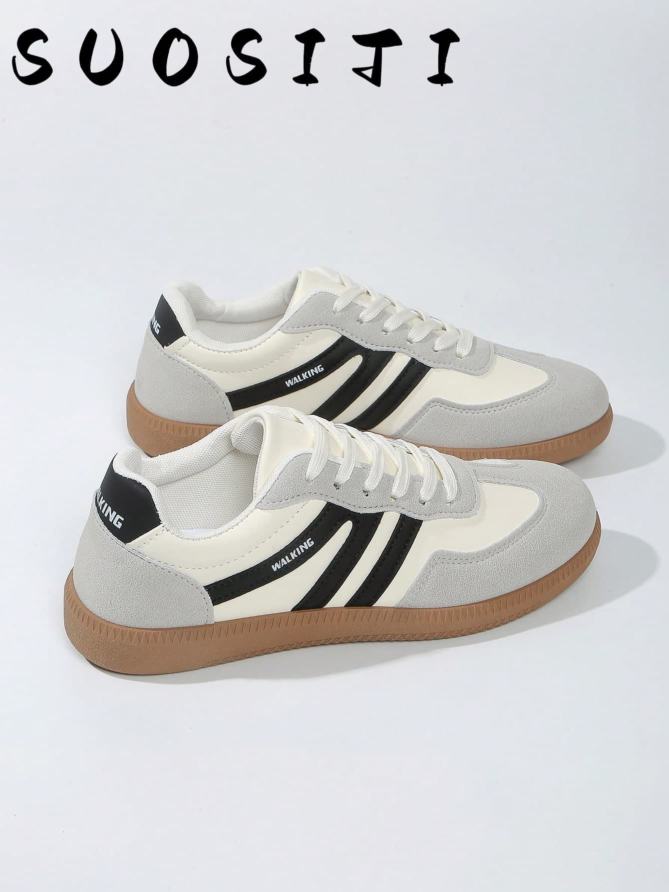 Multi-Functional Fashion Casual Flat Shoes For Women, Non-Slip Lace-Up Round Toe Rubber Sole Casual Sneakers, Black And Khaki Color Block Everyday Wear Style Casual Shoes, Size 36-41