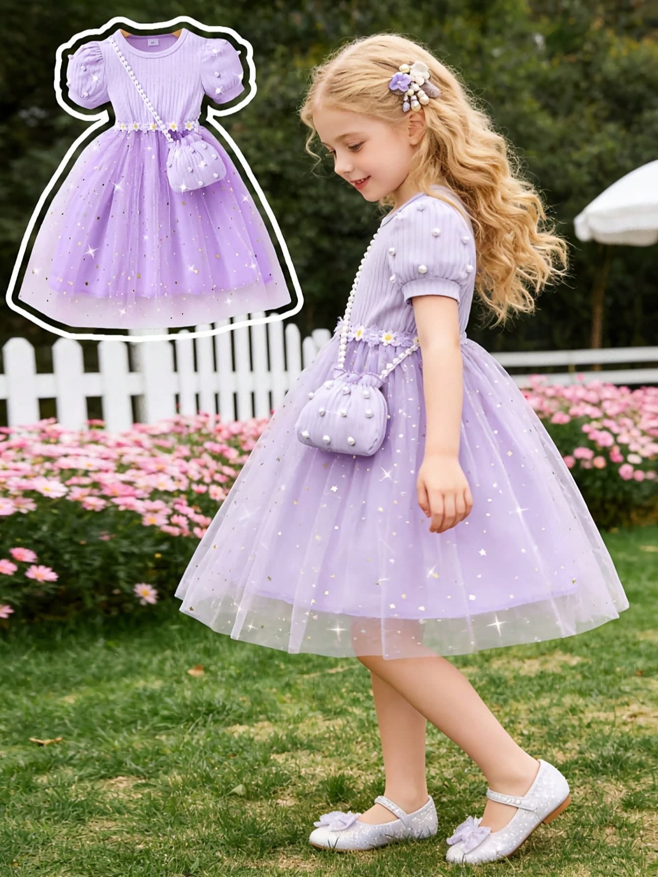 Girls' Summer Short Sleeve Purple Ribbed Splice Mesh Dress + Pearl Mini Handbag, Suitable For Birthday Party, Cocktail Dress