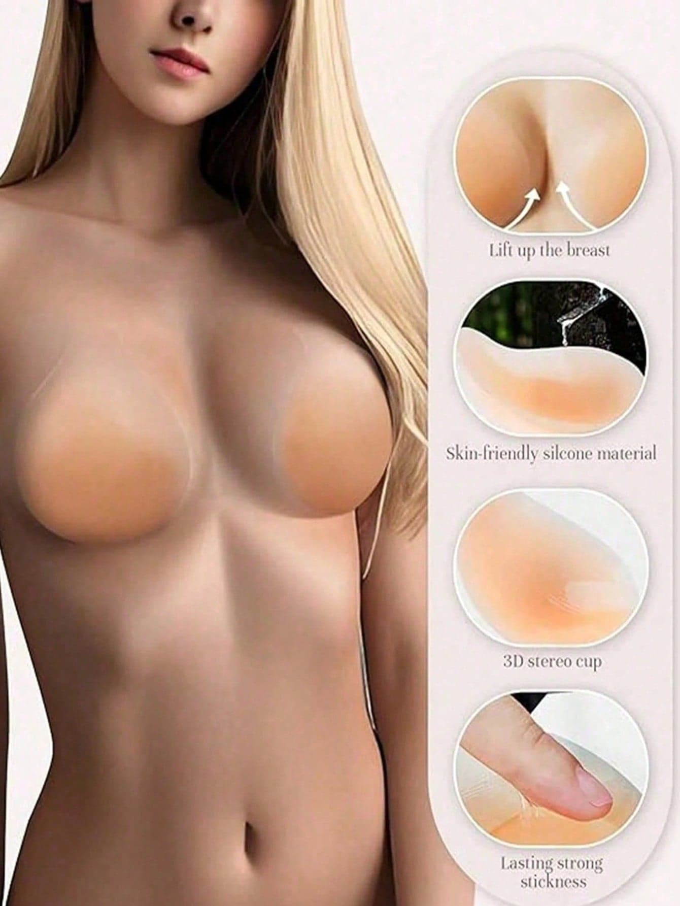 1 Pair Women's Reusable Invisible Strapless Adhesive Push-Up Bra, Seamless Wireless Backless Bra For Large Bust