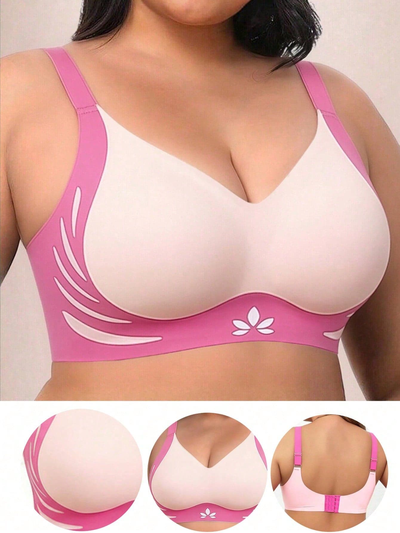 1pc Seamless Contrast Color Lift Up Plus Size Wireless Bra, Supportive & Lift, Prevents Sagging, European & American Style