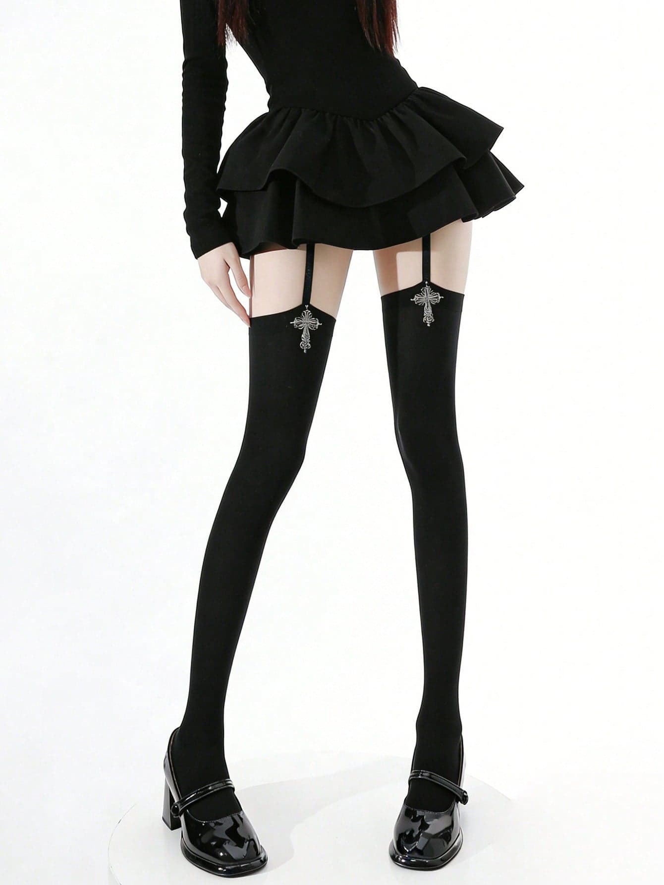 1pc Women's Sexy Black Lace Cross Thigh High Stockings, Versatile For Spring/Summer, Halloween, Easter