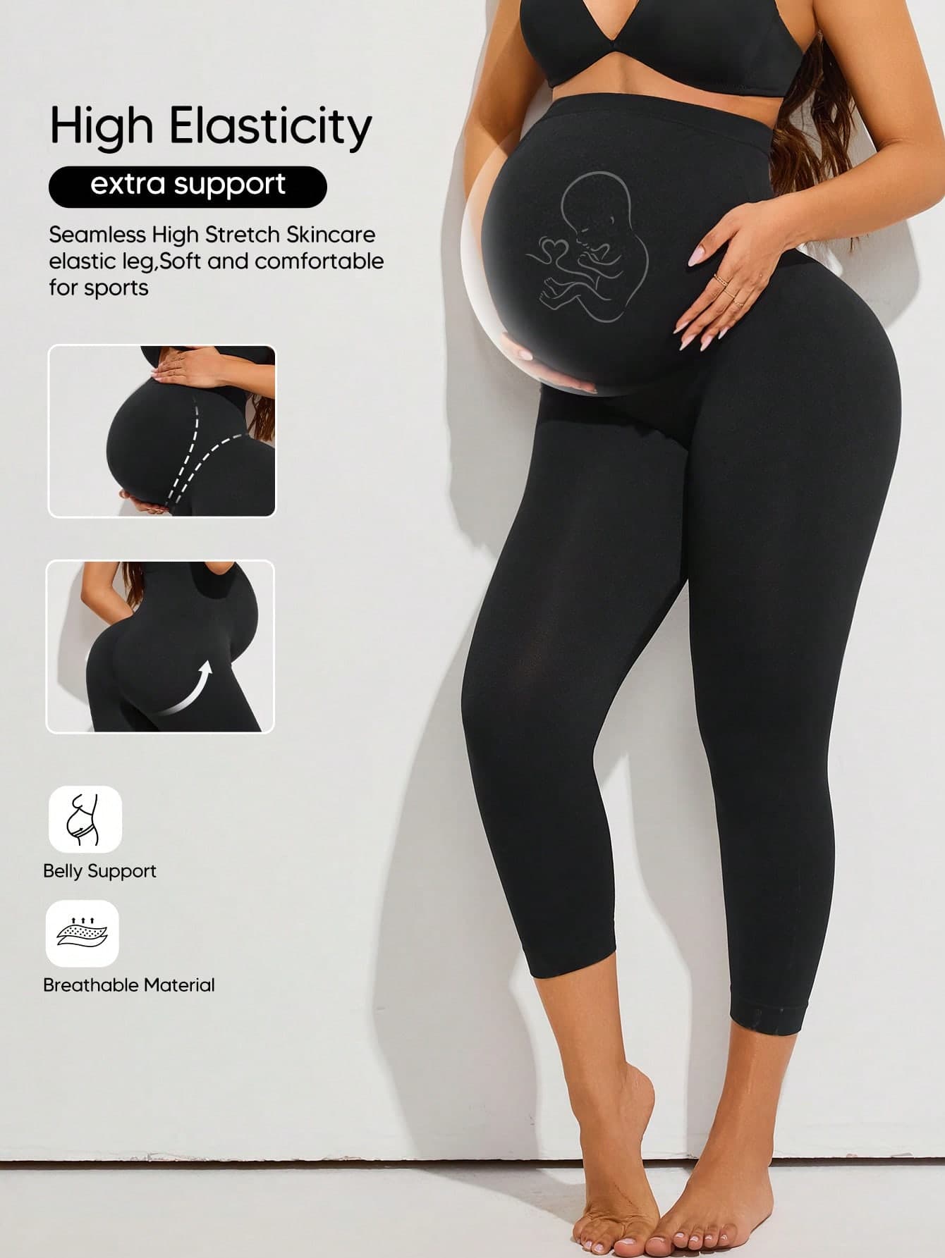 Maternity High Waist Full Length Leggings With Expandable Belly Panel Black Summer