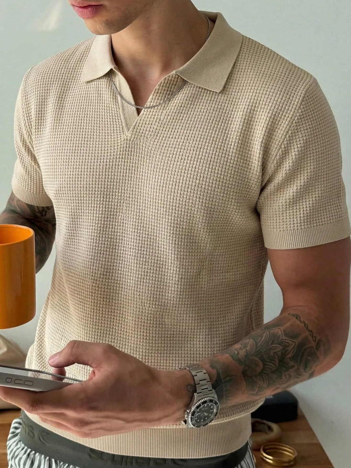 Men's Solid Color Waffle Knit Polo Shirt, Short Sleeve, Casual Top, Thin
