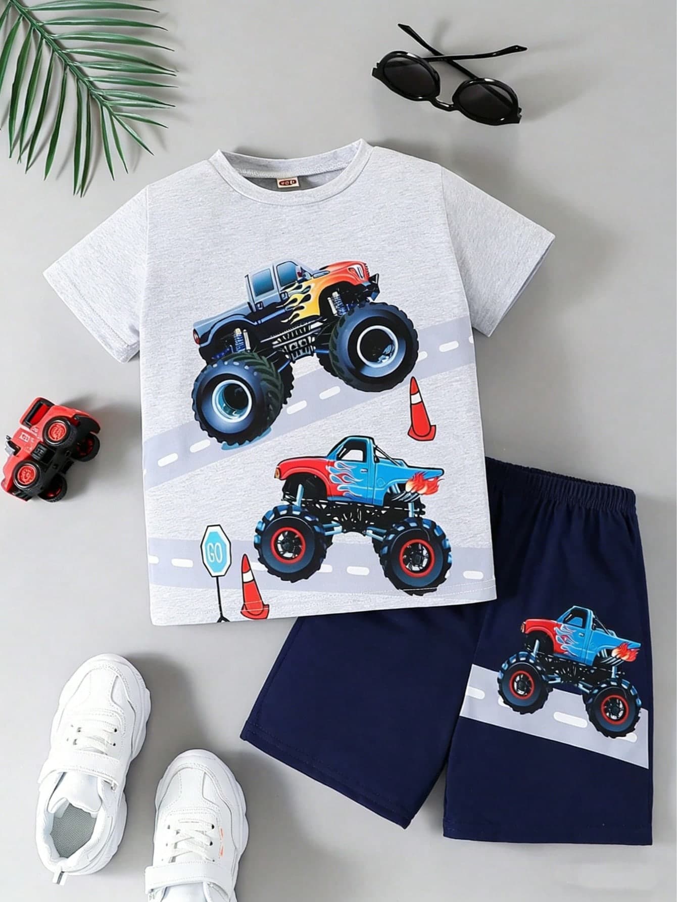 2pcs Boys' Casual Summer Outfit Set, Monster Truck Print Versatile Short Sleeve T-Shirt And Shorts, Comfortable For Boys' Daily And Outdoor Wear
