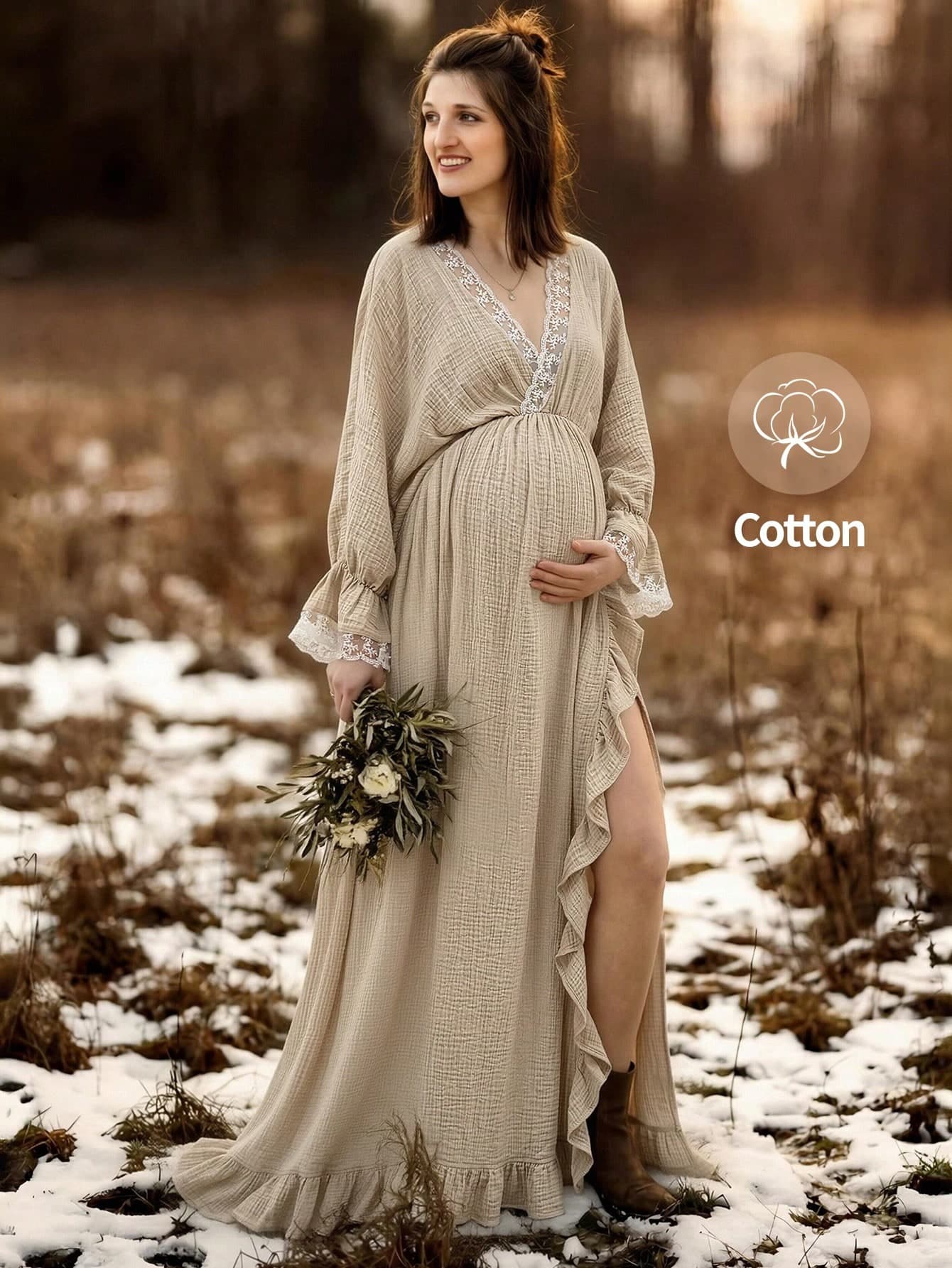 Bohemian Style Maternity Photography Dress, Deep V-Neck Contrast Color Lace Bishop Sleeve Flare Long Skirt, Soft Knit Fabric, Autumn Maternity Wear