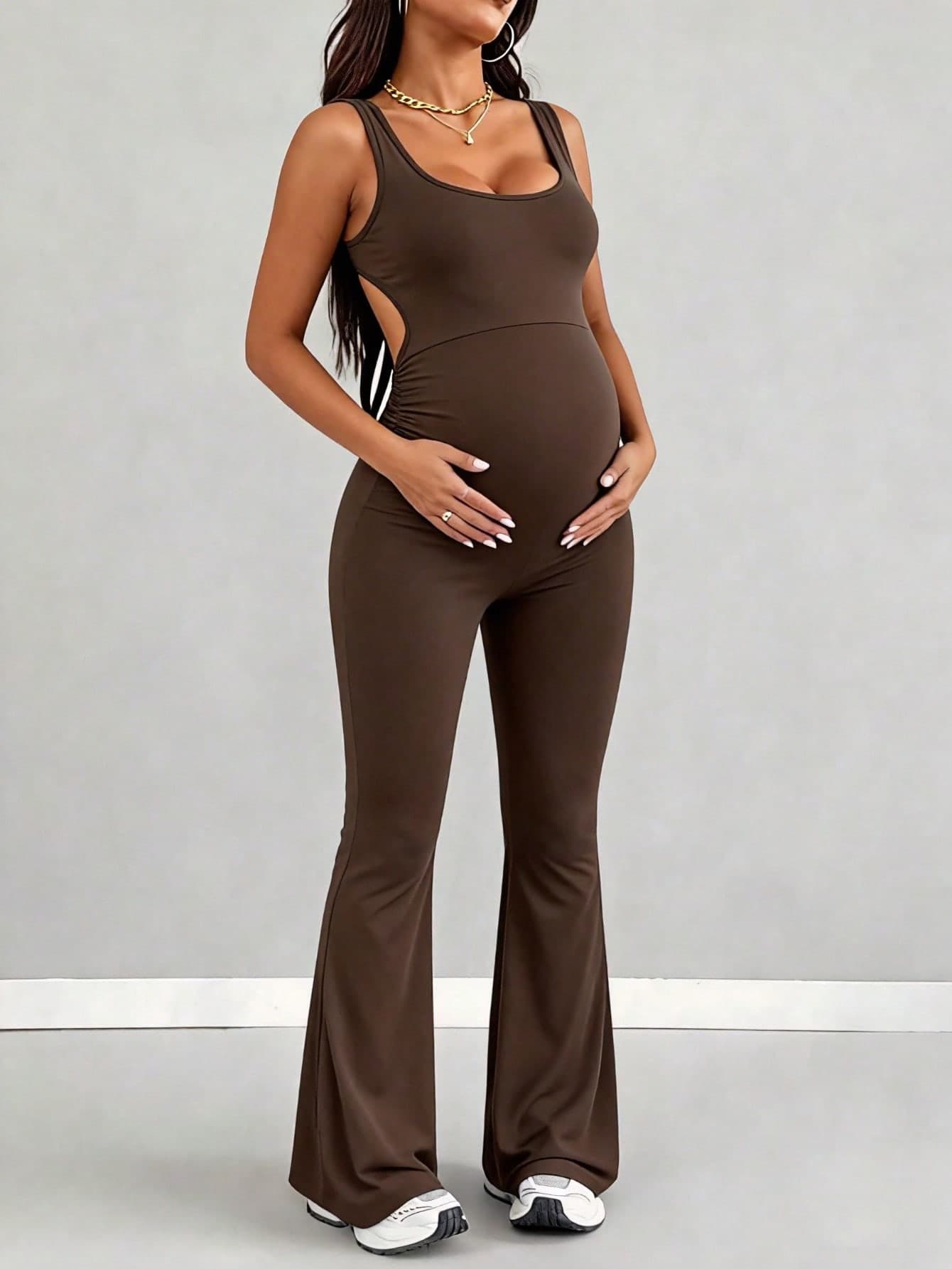 Parara Maternity Jumpsuit Pants & Camisole, High Elasticity Comfortable & Fashionable Maternity Jumpsuit Summer Brown