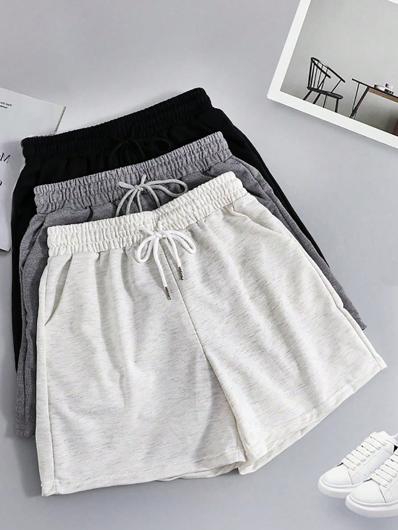 3pcs Women's Pocket Shorts,Elastic Waist Drawstring Solid Color Knit Shorts For Running,Tennis,Badminton, Golf, Fitness, Cycling, Beach, Travel Summer