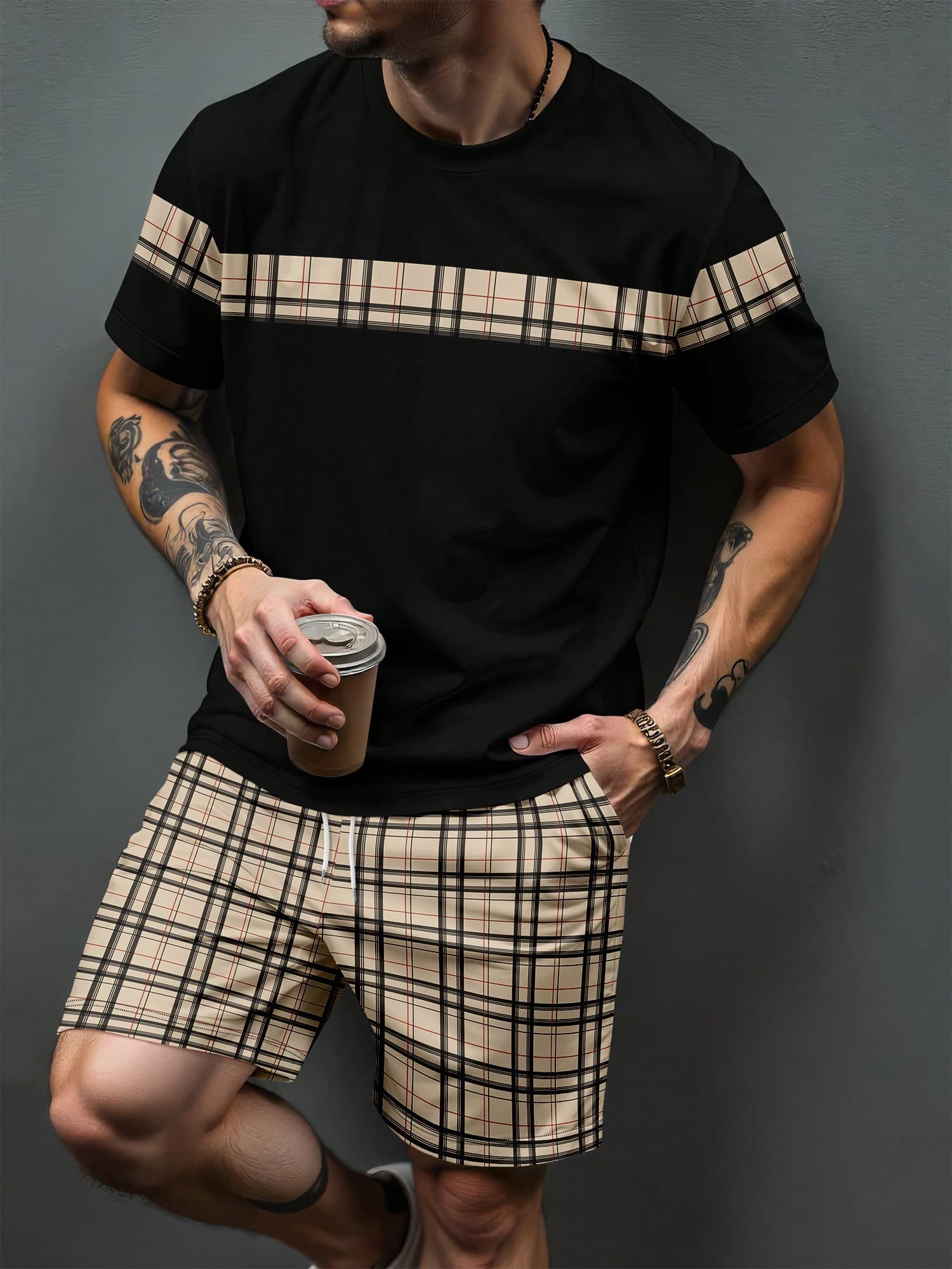 Men's Striped Print Crew Neck Short Sleeve T-Shirt & Shorts Set Summer Sports