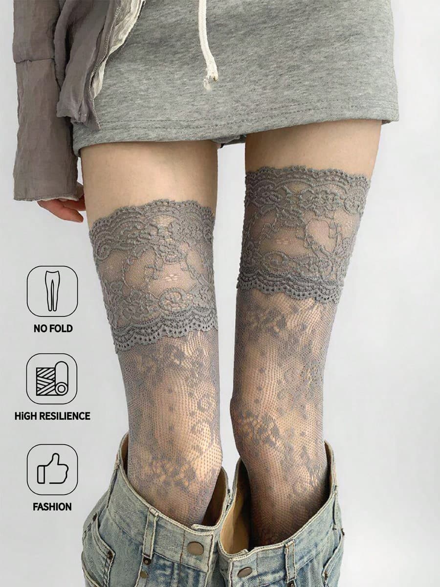 Women's Grey Vintage Floral Lace Thigh High Stockings, Non-Slip Sheer Sweet Style Mary Jane Socks