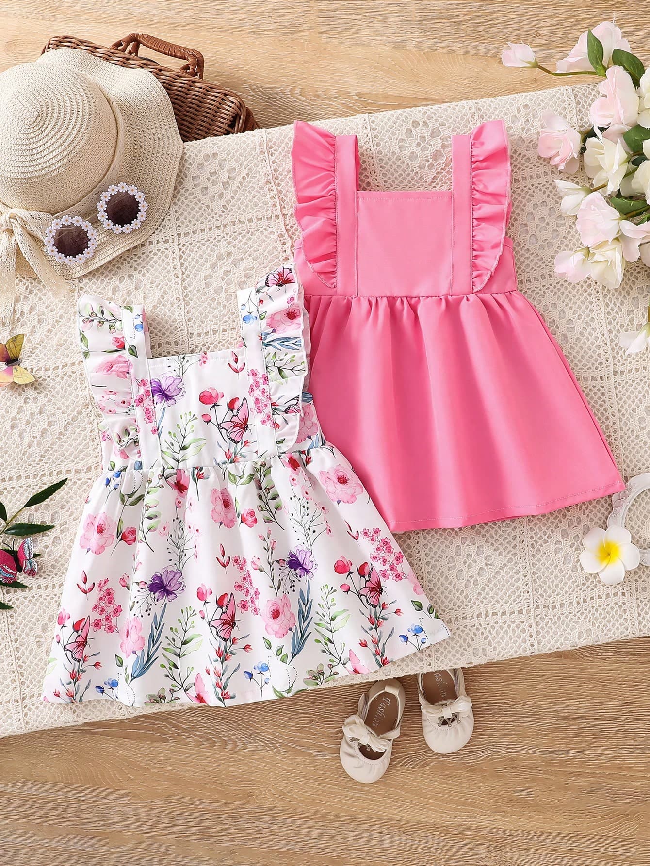 New 2pcs/Set Baby Girl Summer Sleeveless Dress Set, Ditsy Floral Square Neck Flutter Sleeve Ruffle Hem Dress + Solid Color Pullover Elastic Waist A-Line Dress