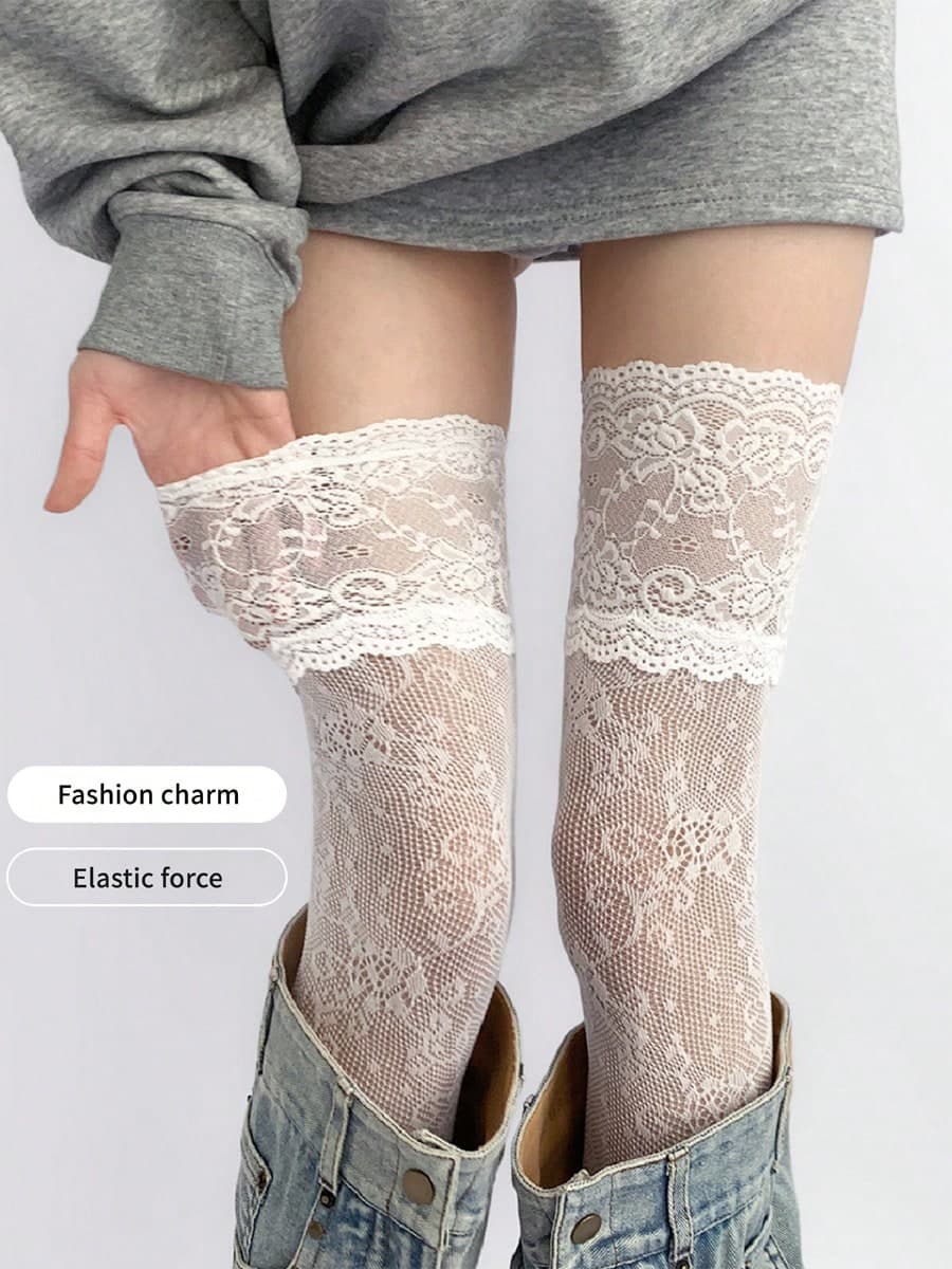 Women's White Lace Jacquard Thigh High Stockings, Elastic, Breathable, Skin-Friendly, No Leg Binding, Sweet Lolita Style, Suitable For Daily Wear
