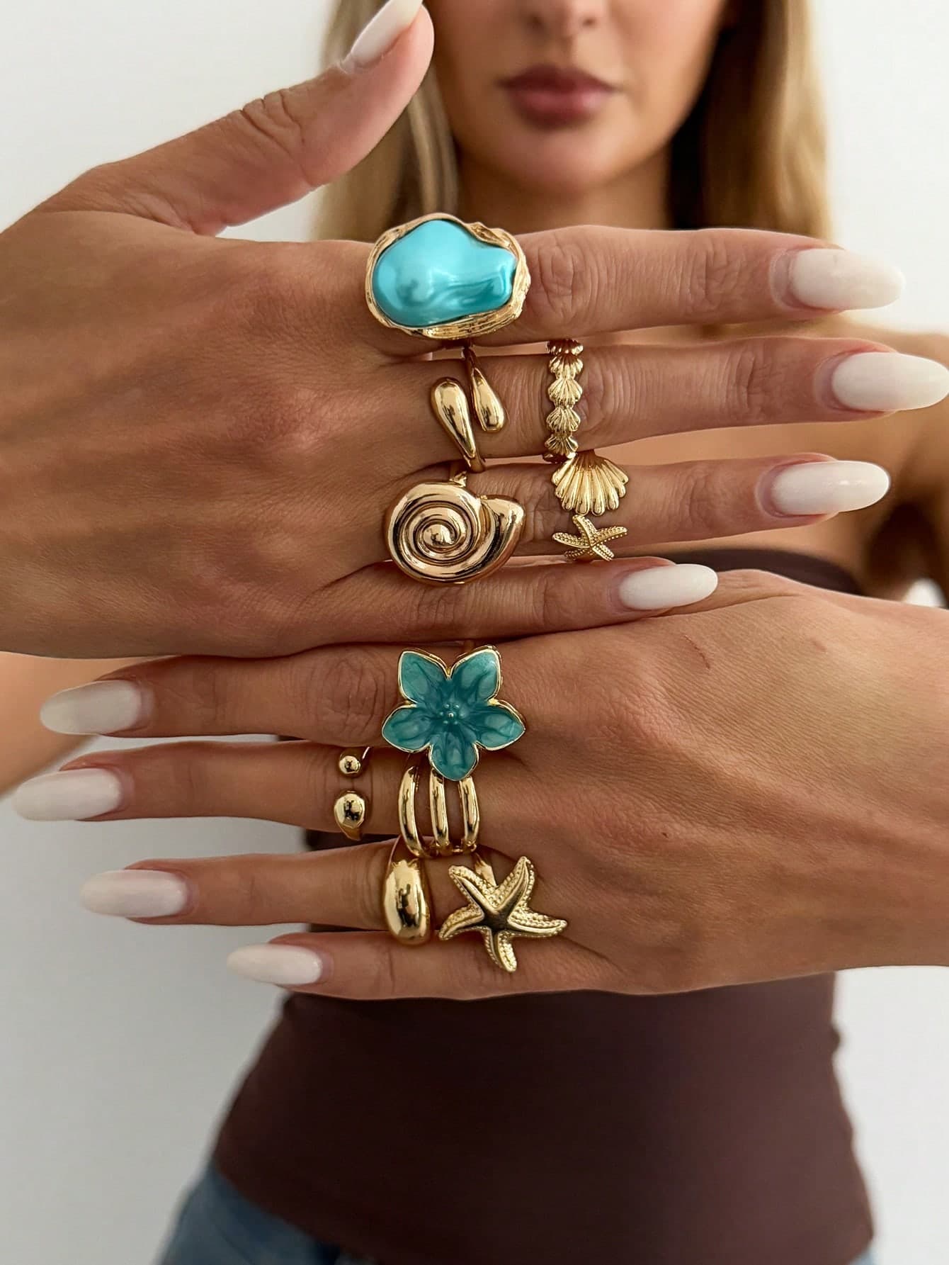 10pcs/Set Bohemian Vacation Style Oil Drip Flower & Starfish Ring Set, Sweet Cool Hot Girl Ins Alloy Flower Ocean Stackable Rings, Holiday Gift, Beach Vacation, Birthday Gift Exquisite Jewelry