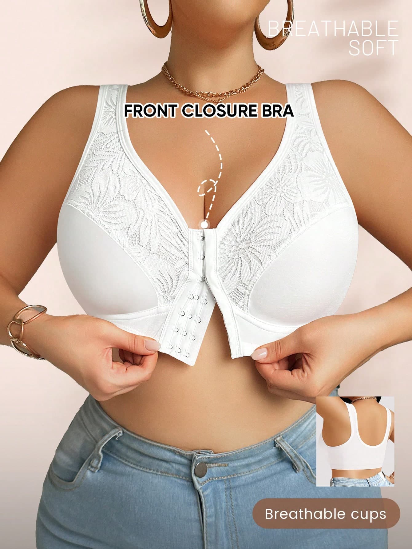 Plus Size Women's Front Closure Wireless Lace Patchwork Supportive Push-Up Bra