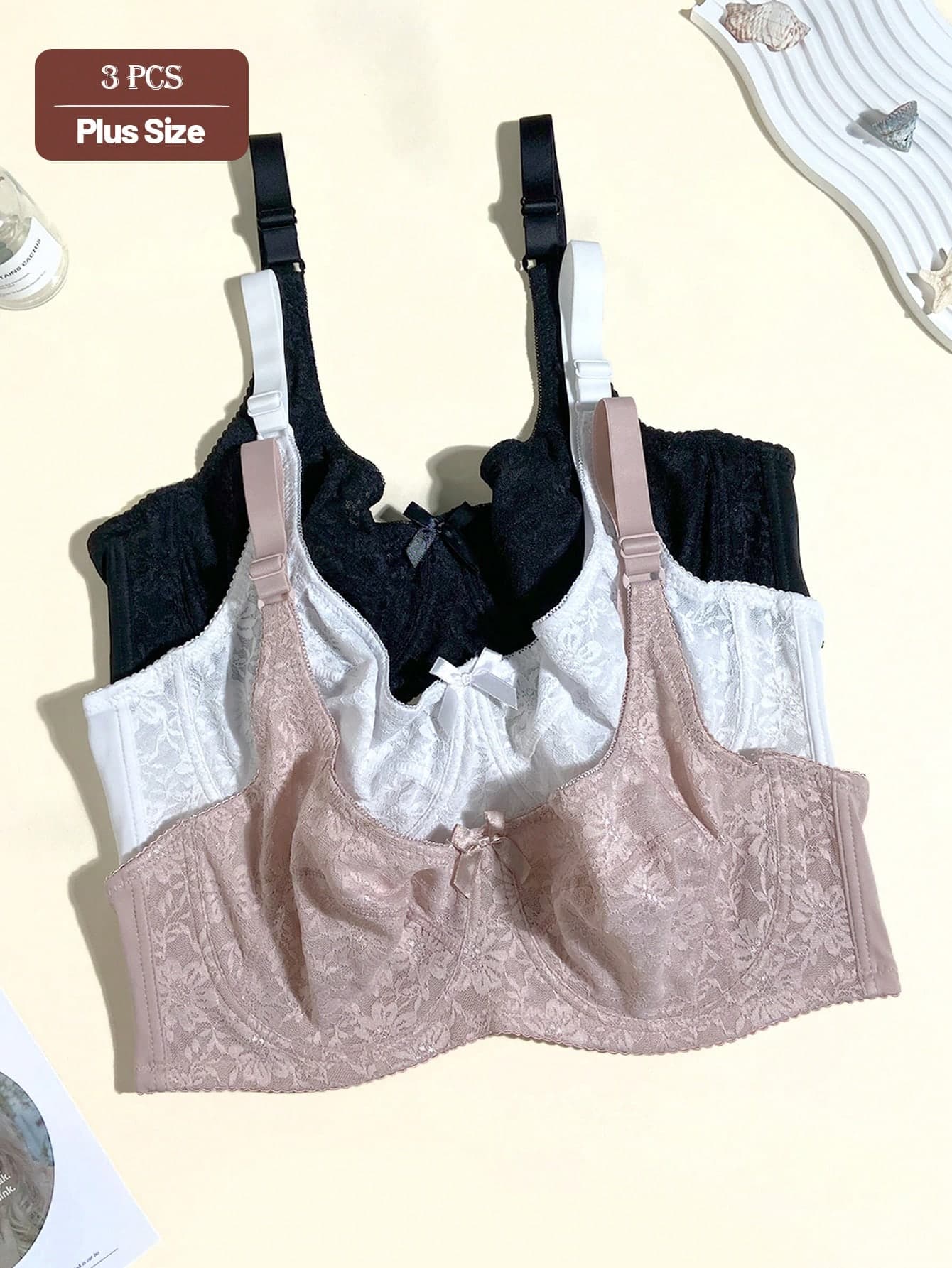 3pcs Plus Size Women Bras, Solid Color Lace Thin Wireless Bowknot Lift Underboob Comfortable Lingerie