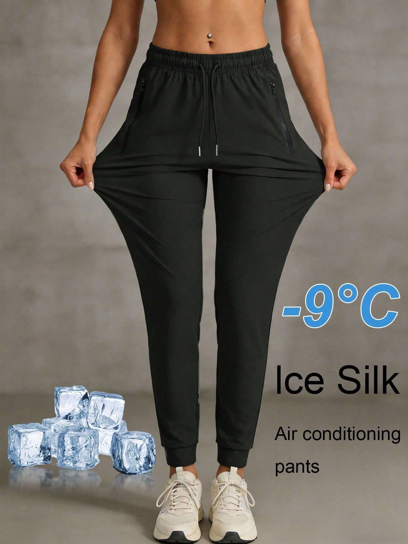 Women's Summer Ice Silk Breathable Running Pants, Quick-Dry Lightweight Sports Pants With Zipper Pockets & Elastic Waistband For Fitness & Jogging Black