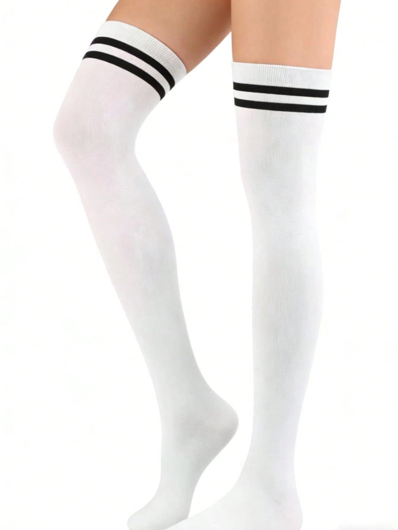 1-6 Pairs Unisex Solid Color Double Stripe Knee High Socks, Casual School Style