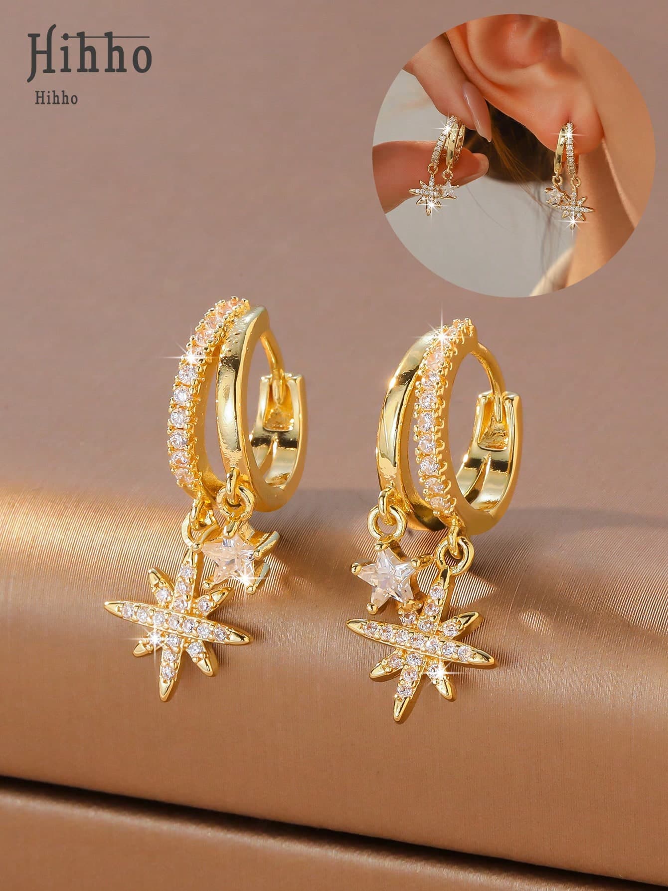 Hihho 1 Pair Minimalist Luxury Double Star Hoop Earrings, Gold-Plated Wide Zirconia Earrings, Niche Design Earrings For Work/Party