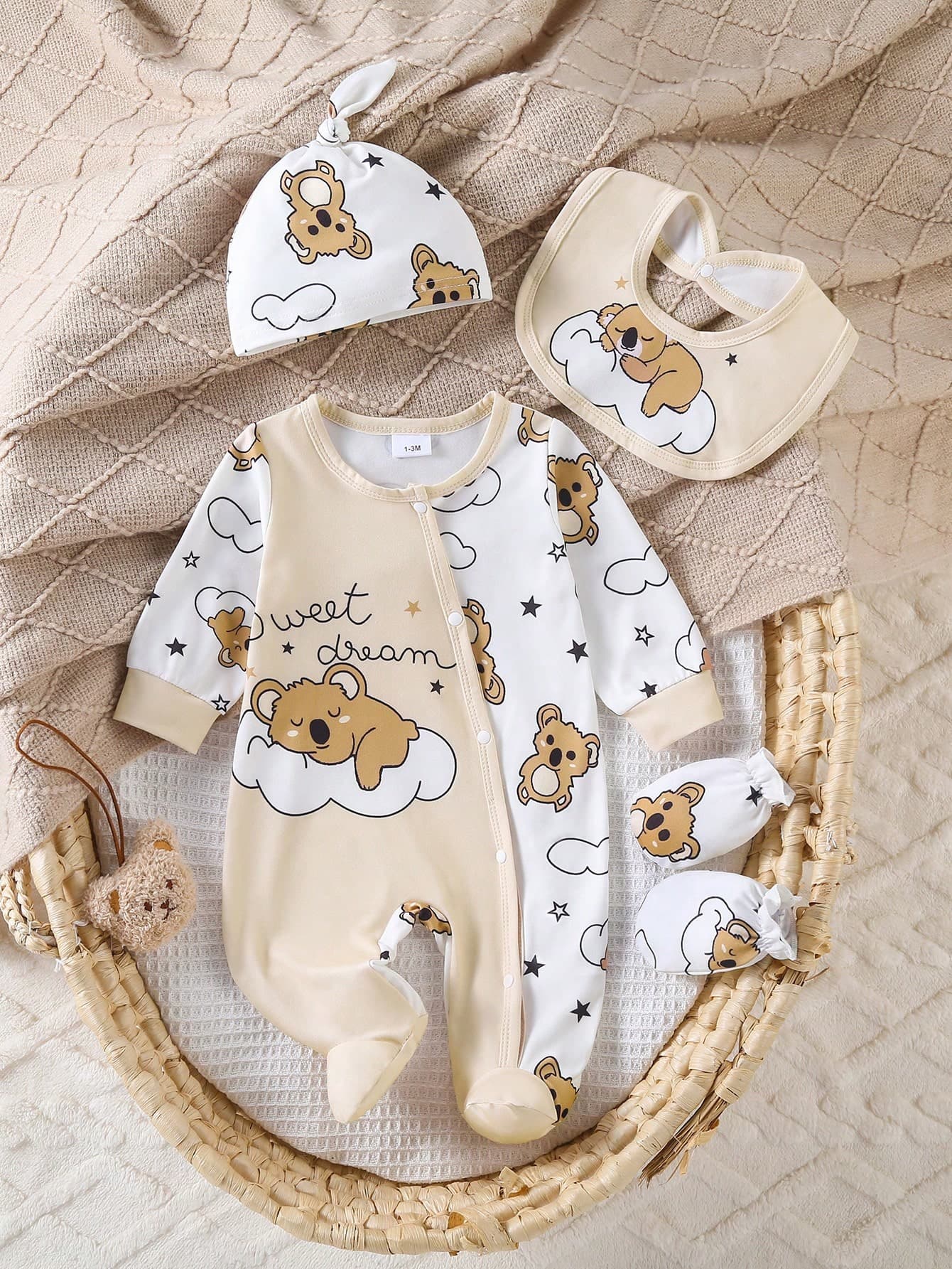 5pcs/Set Newborn Cute Cartoon Koala Print Romper + Mittens + Bib + Hat