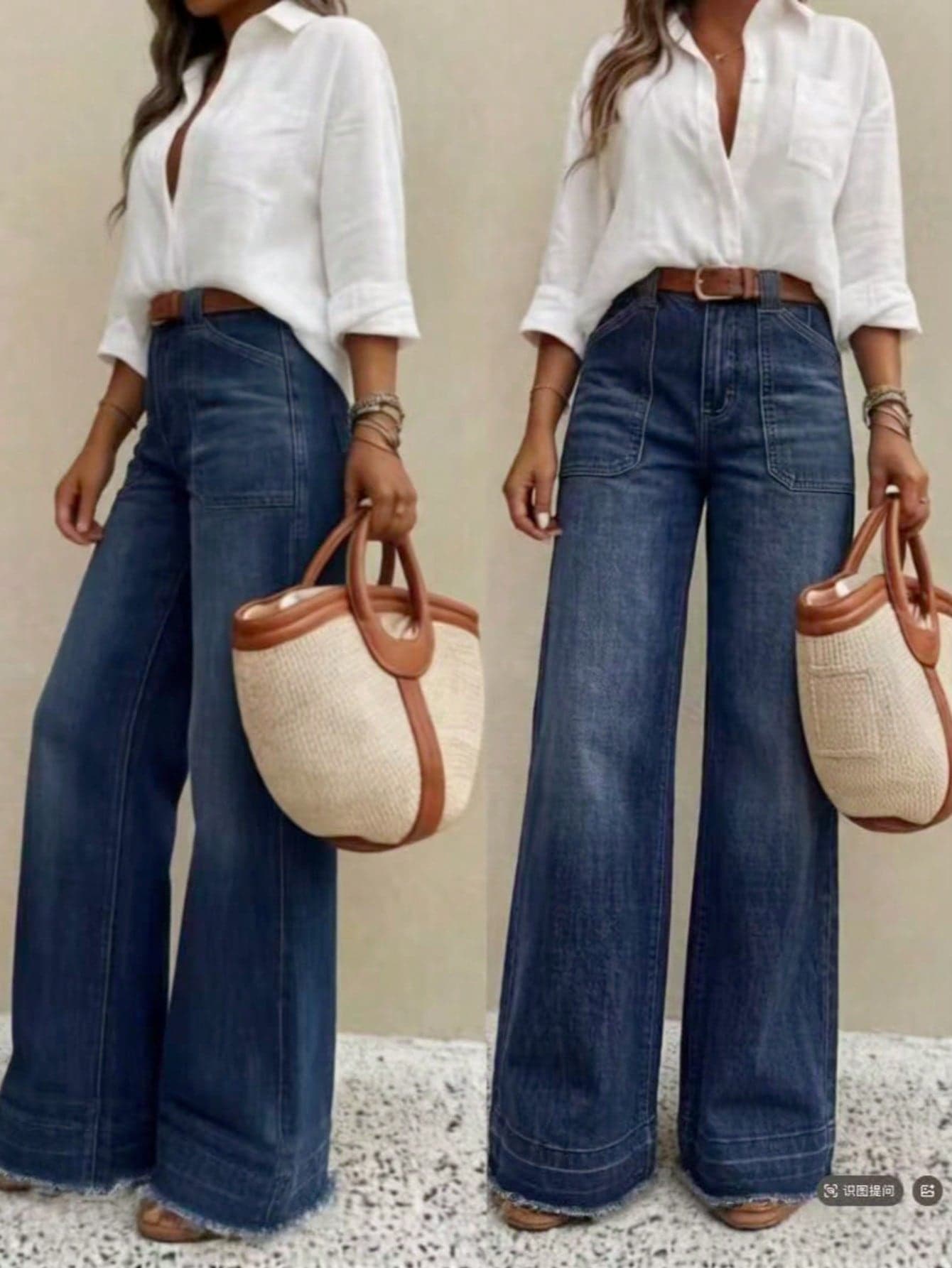Women's Long Wide-Leg Jeans, Featuring Washed Finish, Button And Pocket Details, Frayed Hem, For Casual Denim Effect Spring