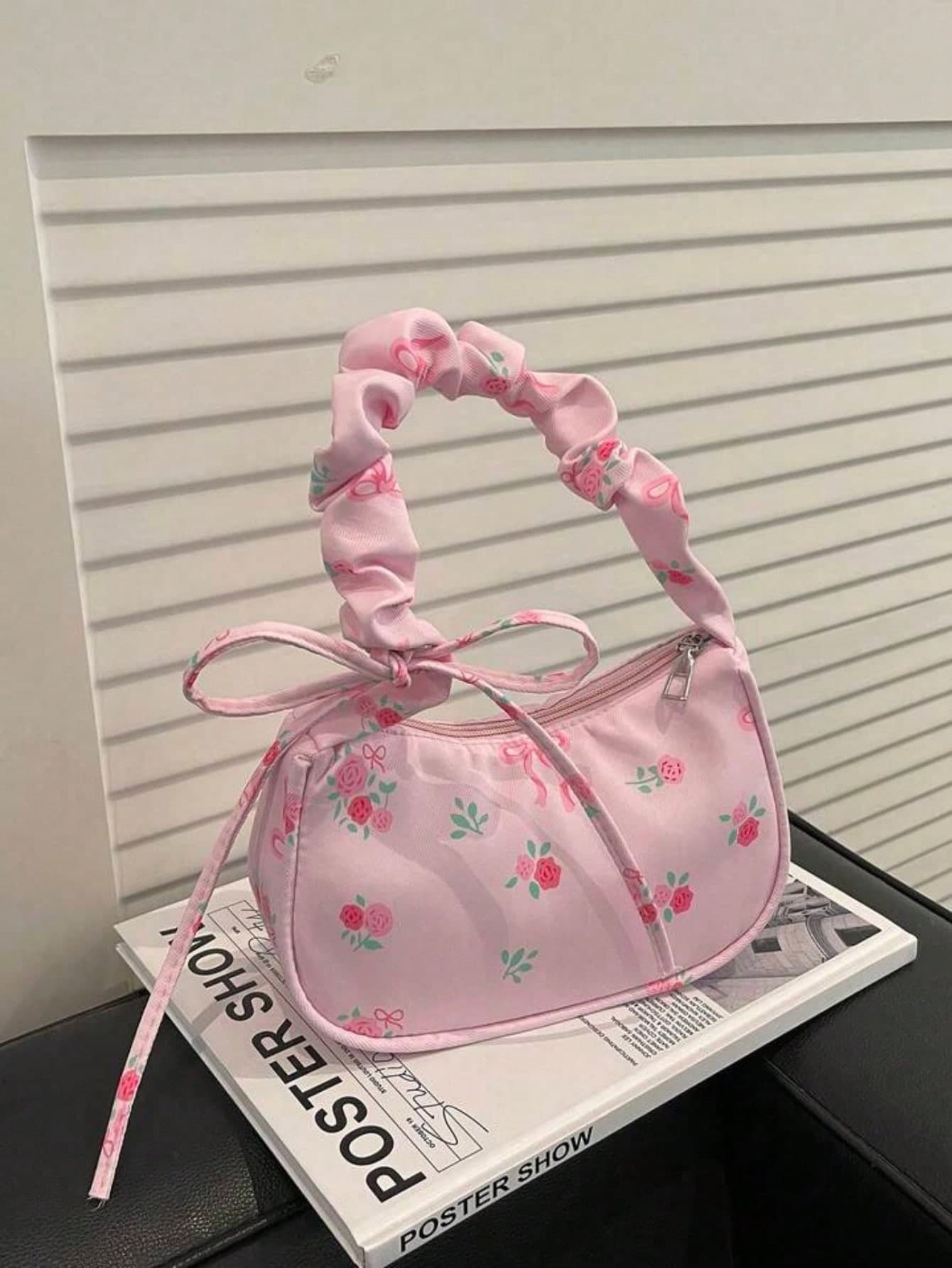 1pc Pink Nylon Printed Zipper Casual Women's Shoulder Bag, Multipurpose For Daily Use