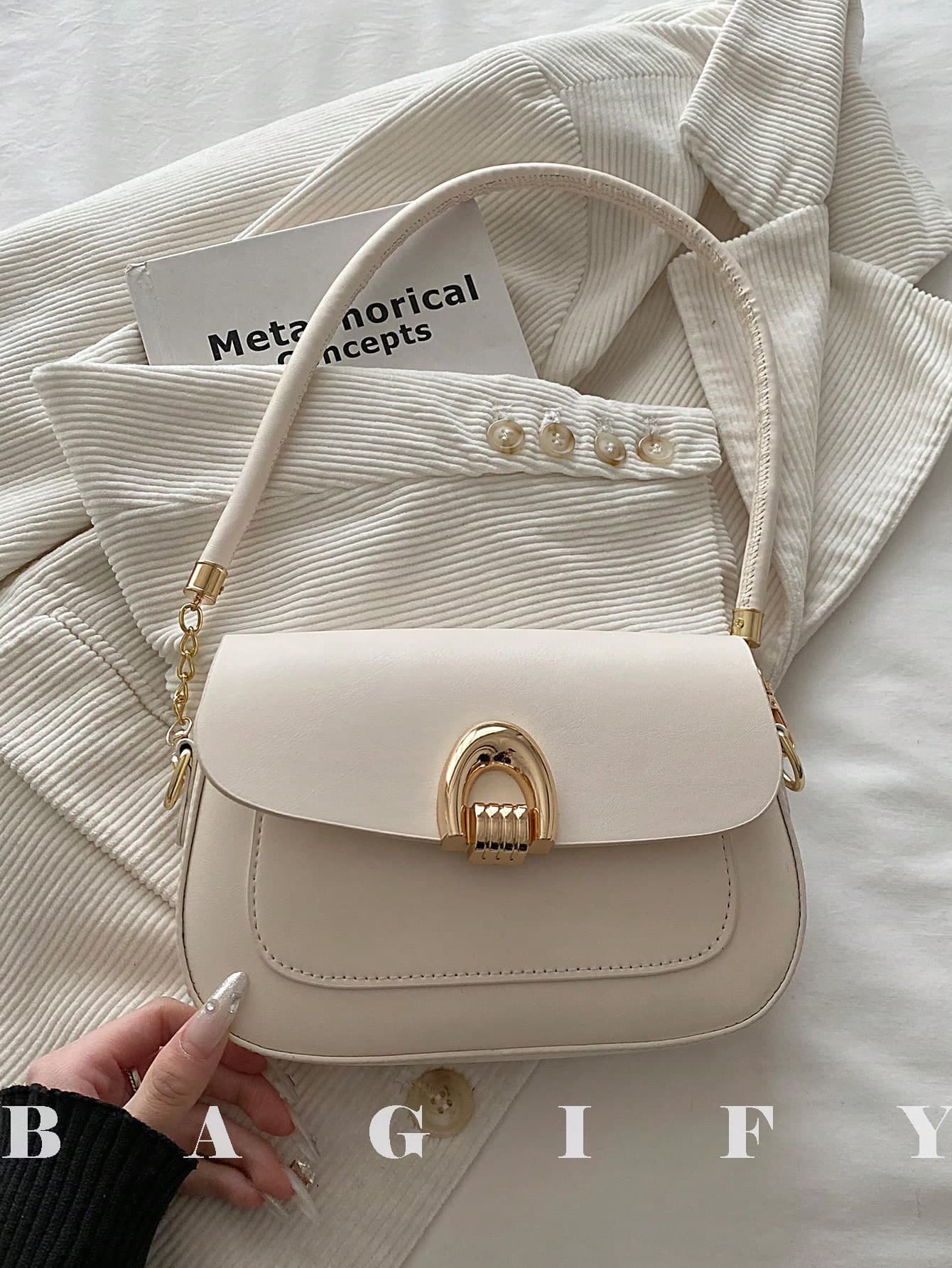 Fashionable Solid Color Metal Decor Multi-Function Underarm Shoulder Bag, Suitable For Shopping, Wallet, Young Women, College Students, Newlyweds, White-Collar. It Is Very Suitable For Office, University, Work, Business, Commuting, Outdoor Activities, Travel And Picnics