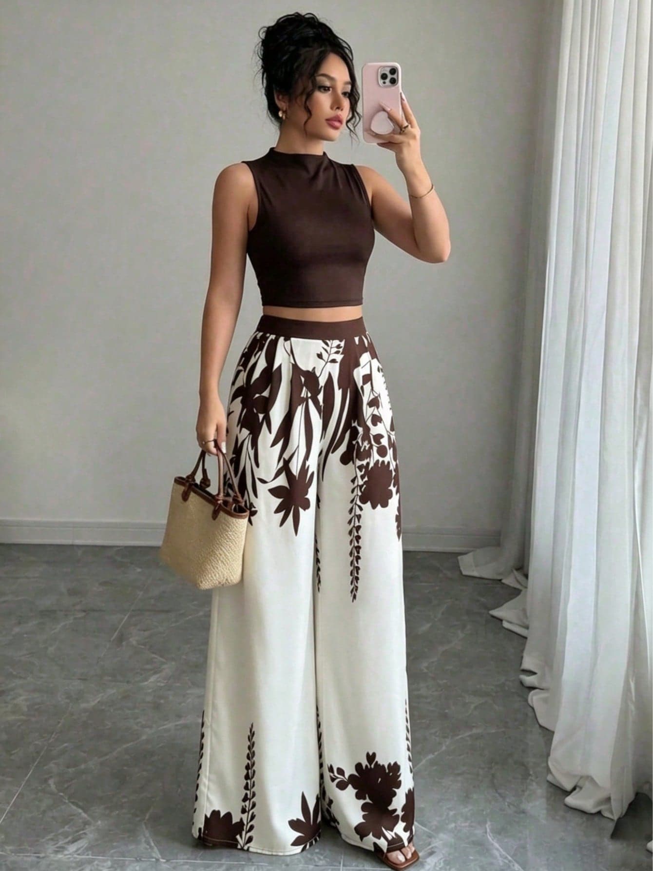 New Women's Casual Colorblock Top And Pants Set, High Waist Loose Elegant Wide Leg Pants, Slimming, Spring Summer Autumn Women's Clothing