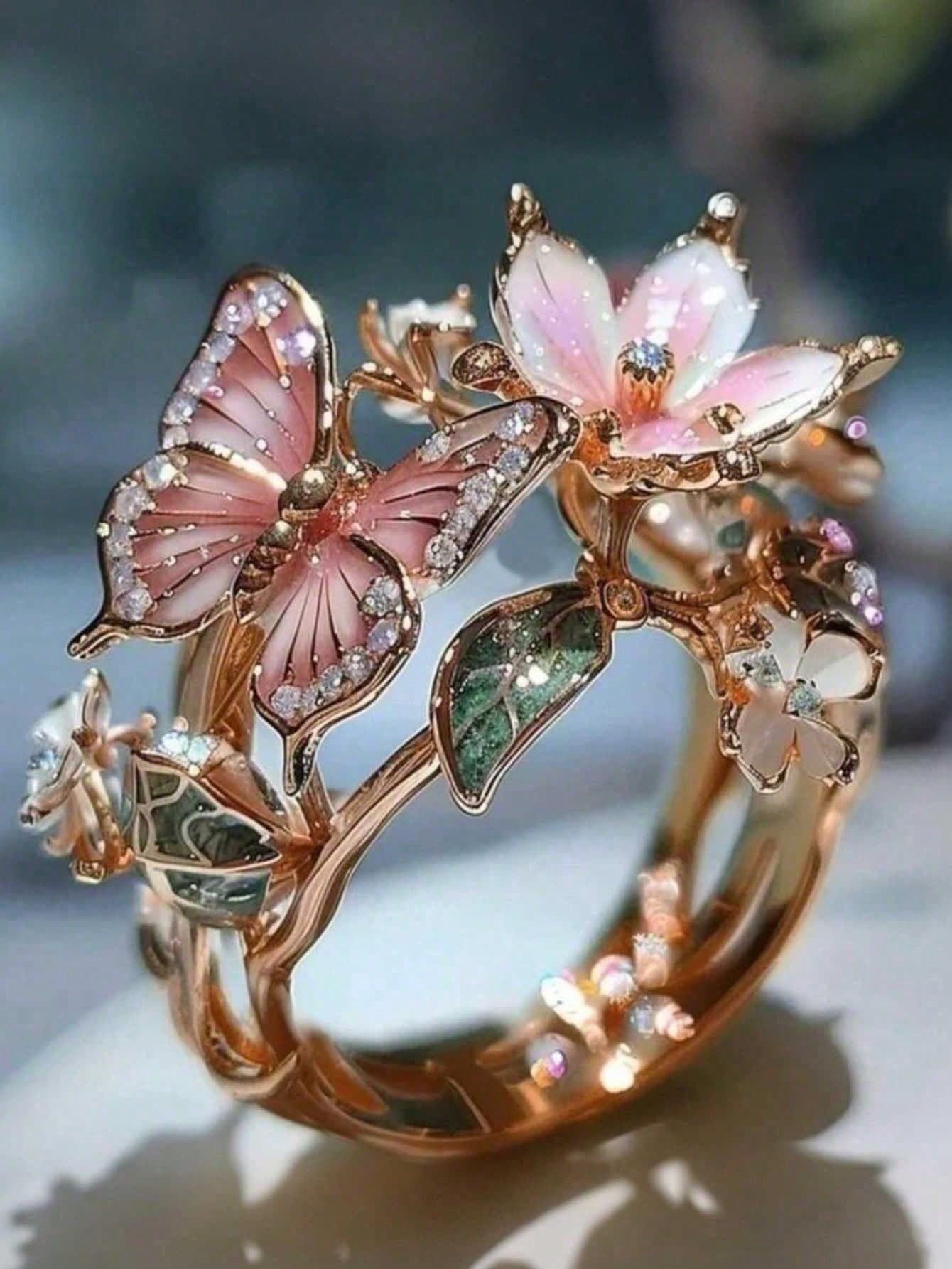 1pc Elegant Butterfly Flower Shaped Open Ring, Quality Jewelry, Suitable For Women, Wedding Party Gift, Valentine's Day Gift