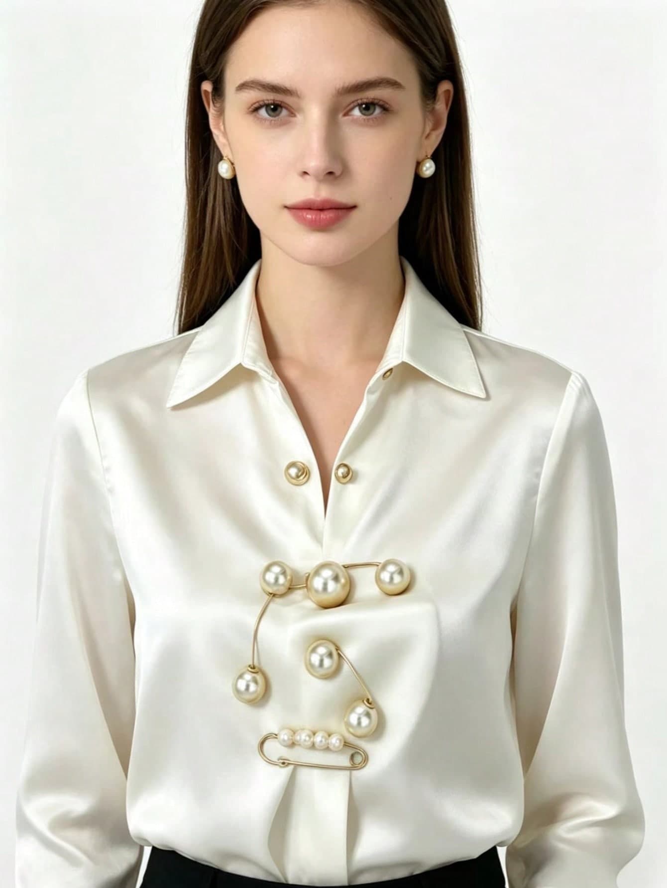 4pcs Champagne Color Faux Pearl Decorative Collar, Scarf, Belt, Pants Buckle, Brooch, Daily Decorative Accessories