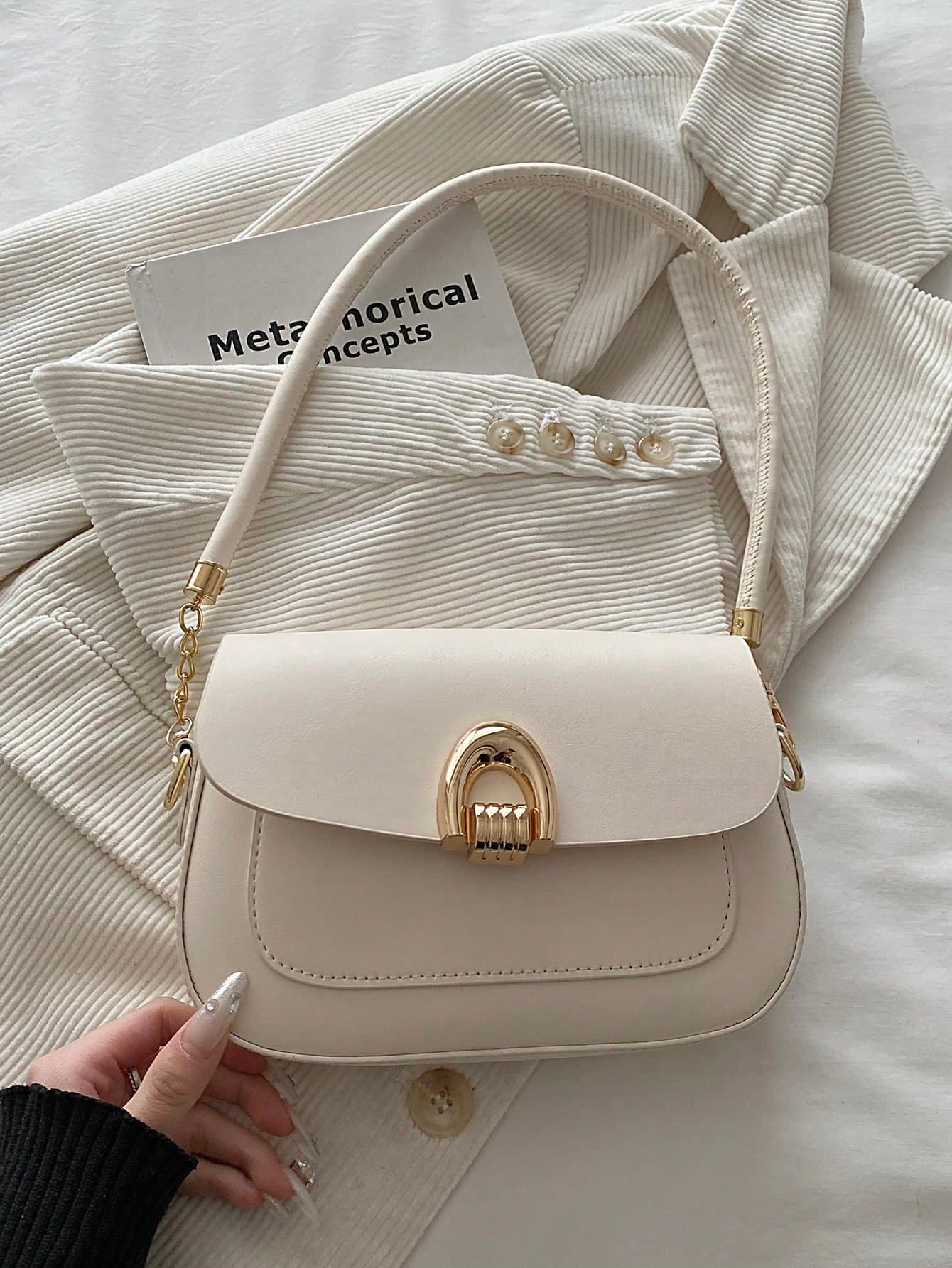 Fashionable Solid Color Metal Decor Multi-Function Underarm Shoulder Bag, Suitable For Shopping, Wallet, Young Women, College Students, Newlyweds, White-Collar. It Is Very Suitable For Office, University, Work, Business, Commuting, Outdoor Activities, Travel And Picnics