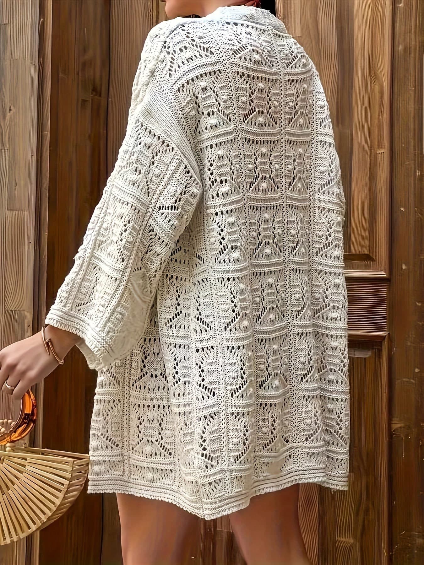 New European And American Style Solid Color Hollow Crochet Cardigan, Long Vacation Loose Lightweight Jacket, Spring/Summer Slimming Versatile Beach Cover-Up