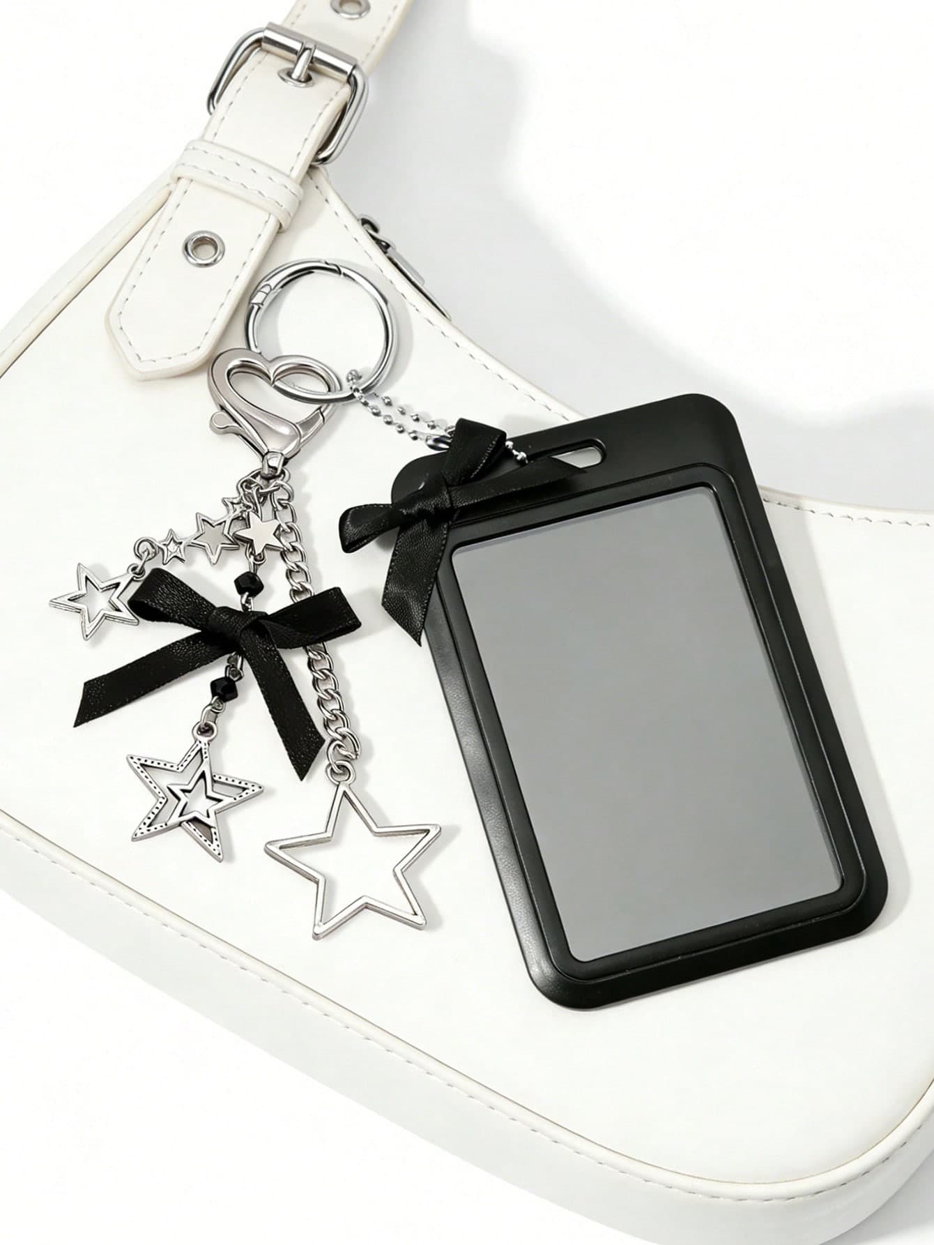 Y2K Bowknot ID Card Holder With Star Pendant, Sliding Cover Retractable Card Holder, Fashionable Card Case, Cute Keychain Accessory, DIY Keychain Pendant, Suitable For Students, Medical Staff, Teachers, Office Workers, Unique Birthday, Holiday, Party, Back To School, Teacher's Day Gift