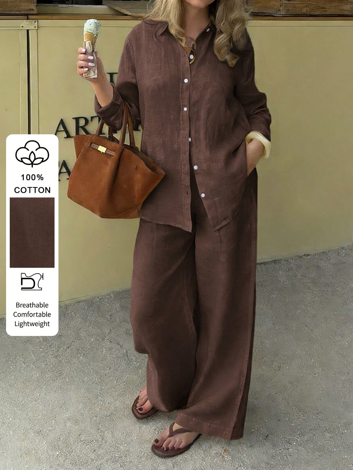 PoPoHouse Women's Fall Two Pieces - Cotton Solid Color Casual Long Sleeve Lapel Shirt Tops And Loose Wide-Leg Pants Suit For Going Out Back To School