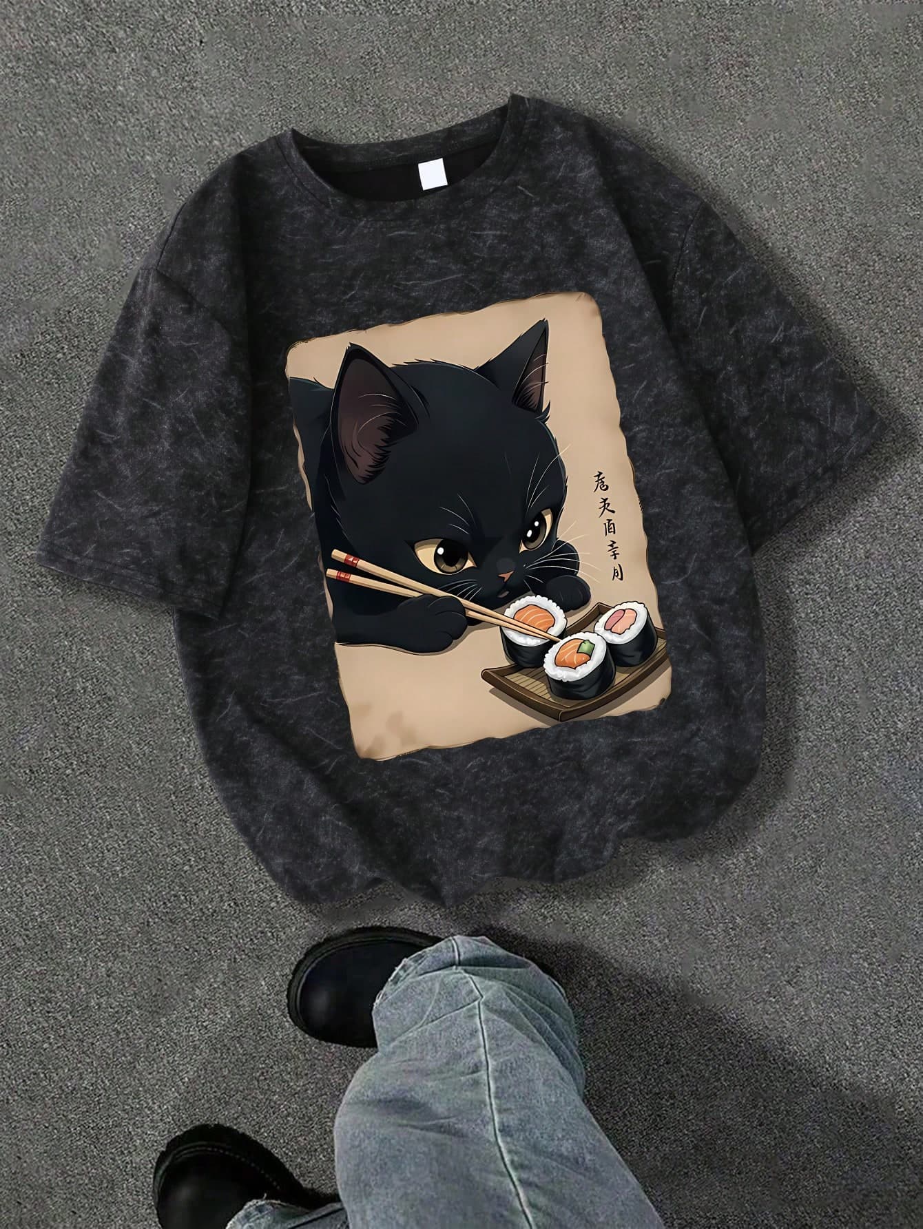 Girls' Cute Sushi Cat Pattern Loose Vintage Washed Black T-Shirt, Sweet Summer Back To School Everyday Wear