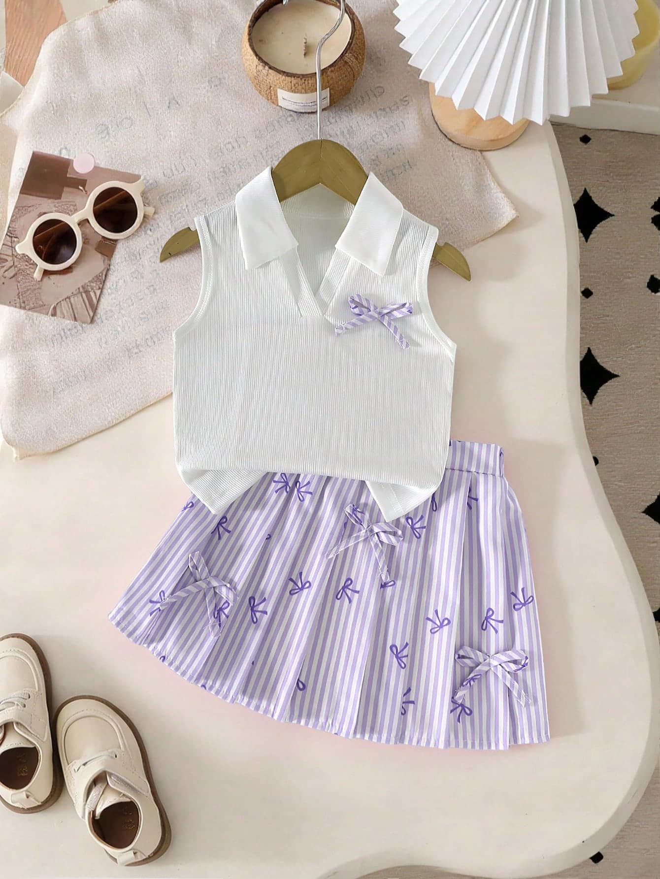 Girls' V-Neck Ribbed Knit Tank Top + Ribbed Butterfly Print Skirt 2Pcs Set, Suitable For Daily, Outdoor And Various Activities, Spring/Summer