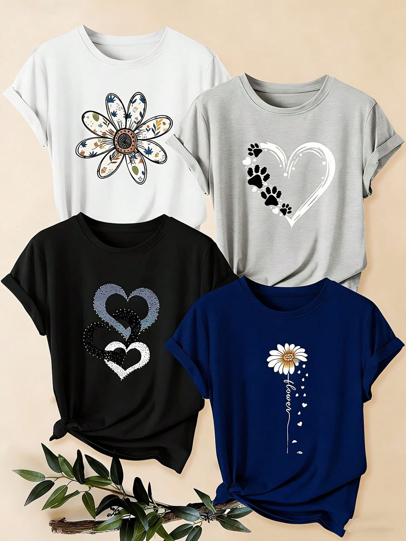 4pcs Women's Casual Short Sleeve Round Neck T-Shirts - Printed Pattern, Soft & Comfortable Fabric, Machine Washable, Summer Tops For Ladies