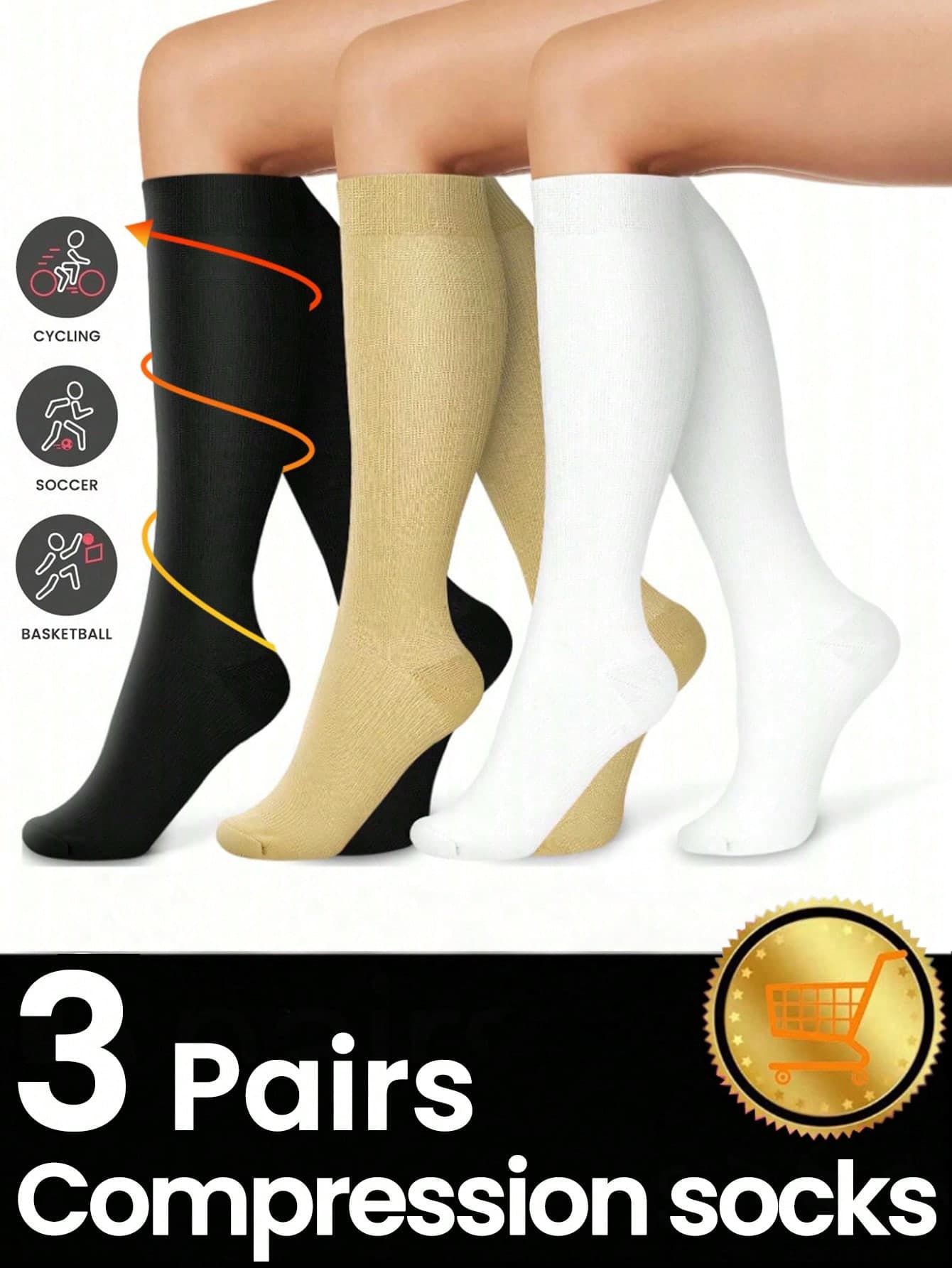 3 Pairs Women's Knee High Compression Socks, Funny Socks For Back To School, Gradient Pressure Breathable For Running, Travel, Hiking, Daily Use