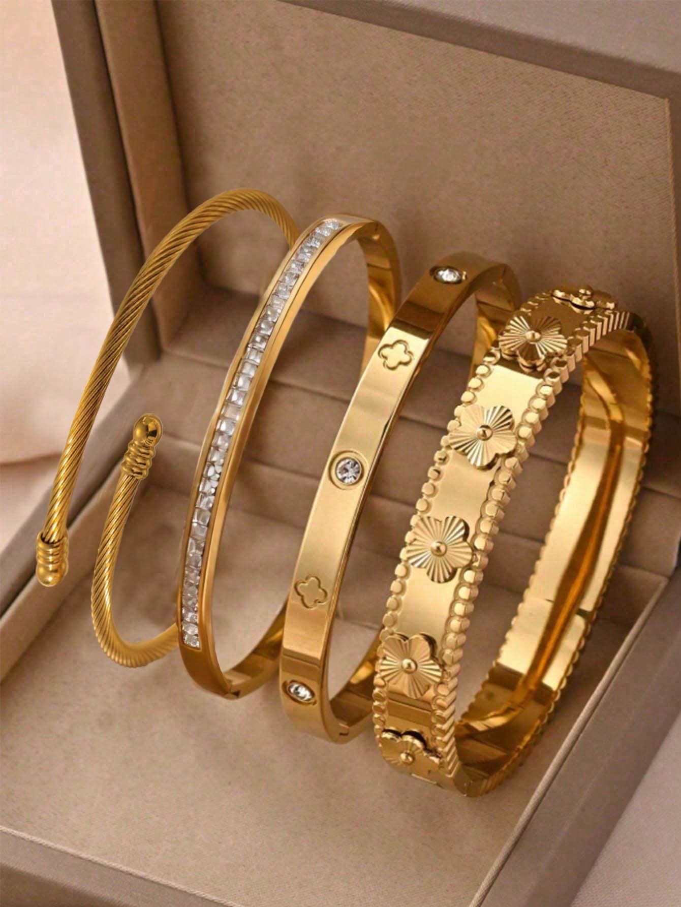 Znice 18K Gold Plated Stainless Steel Women's Fashion Stainless Steel Bracelet, Layered Wear Single Bangle Accessories, 3D Five-Leaf Flower Bracelet, Four-Leaf Flower Nail Bracelet, Four-Leaf Flower Inlaid High-Quality Crystal Bracelet, Waterproof And Fade-Resistant, Suitable For Daily Wear, Parties And Gatherings, Gifts For Friends And Family, Valentine's Day, Christmas