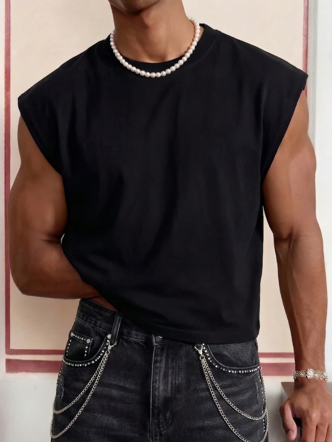Men's Solid Color Wide Shoulder Sleeveless Round Neck T-Shirt, Minimalist Casual Street Style, Breathable & Comfortable Summer Top