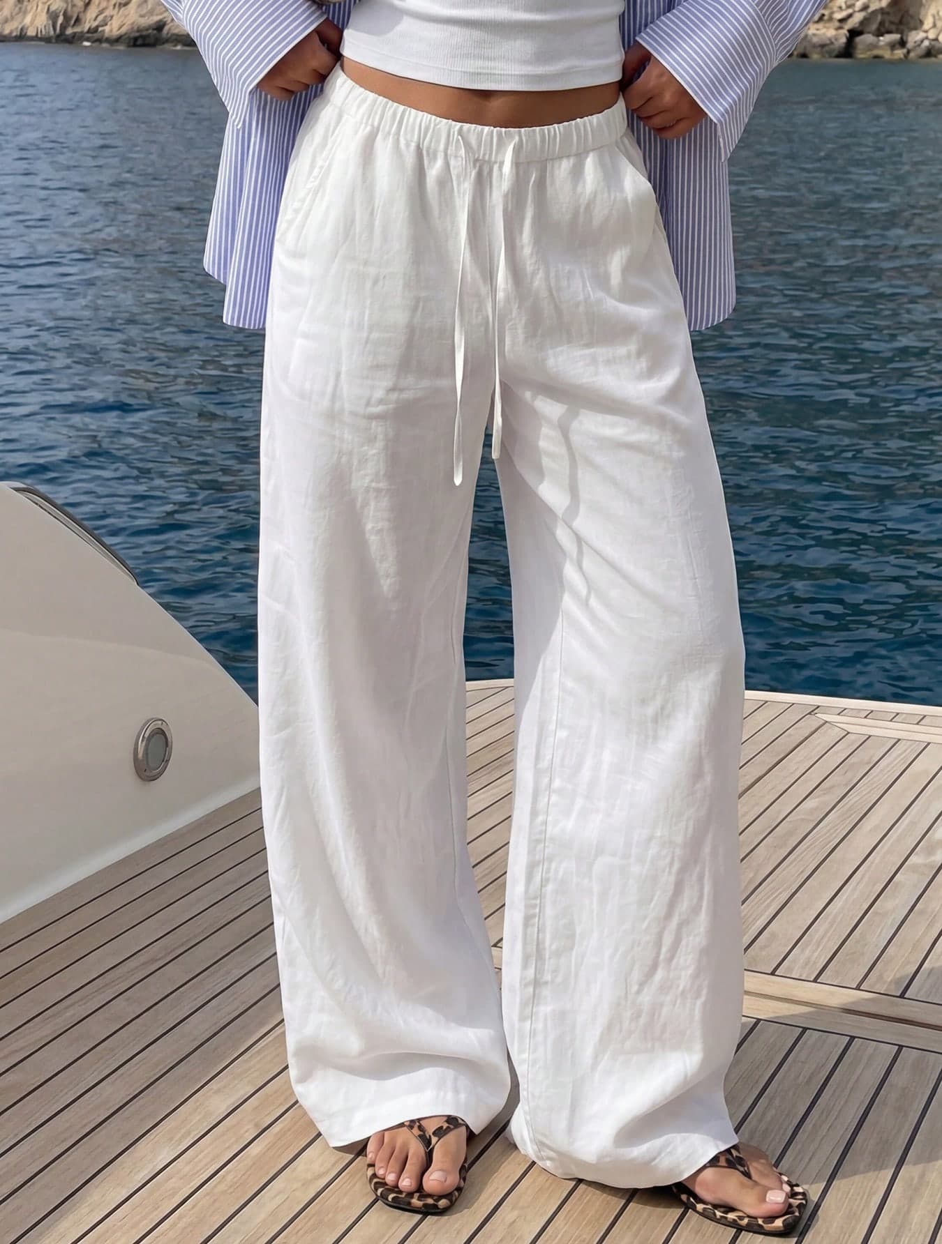 Women's Casual White Faux Linen Drawstring Waist Wide Leg Long Pants, Summer Beach Vacation