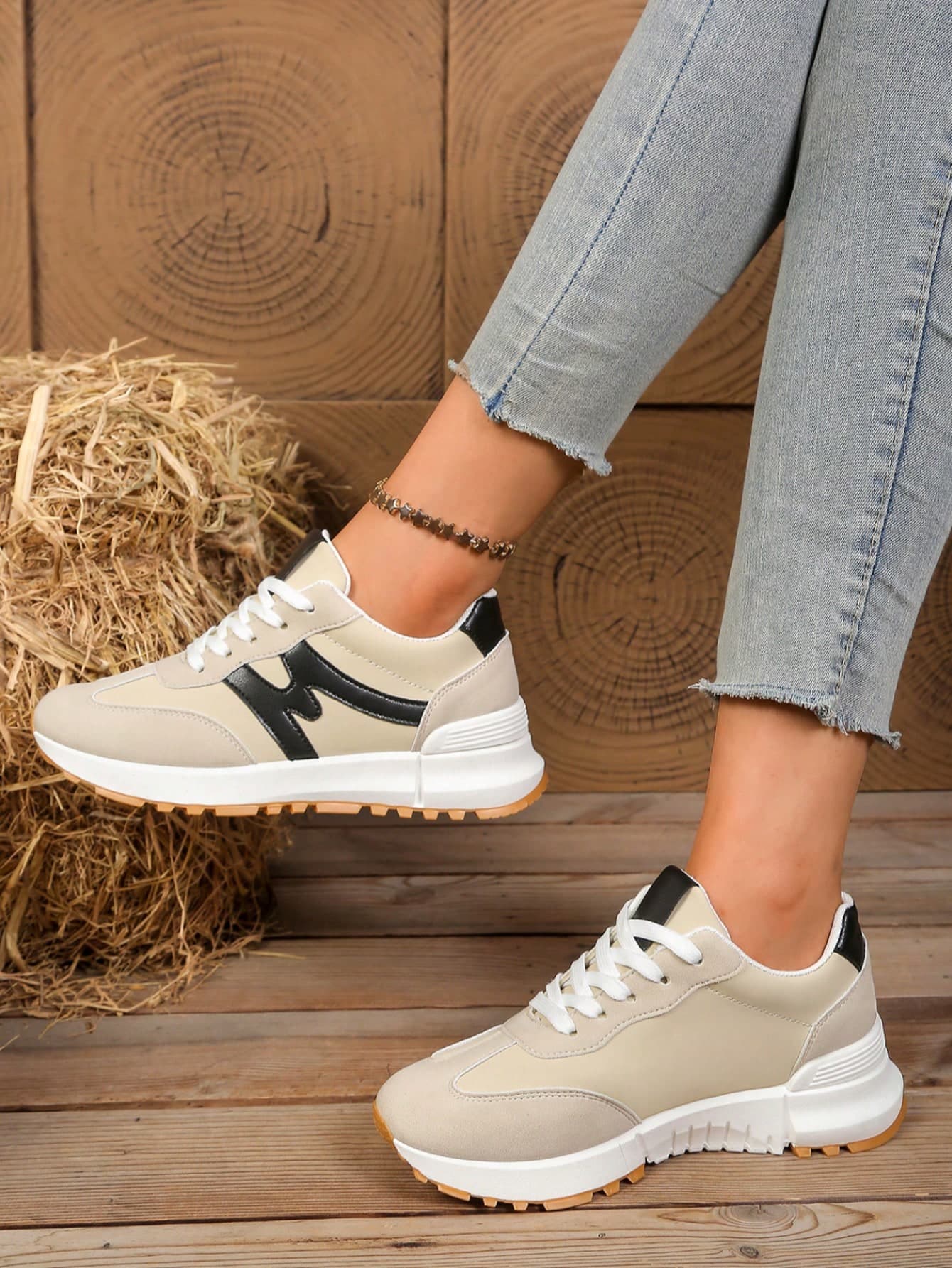 Sodalemon Women's Multifunctional Fashion Casual Shoes, Flat Non-Slip Lace-Up Round Toe Rubber Sole Casual Sneakers, Black & Khaki Color Block, Daily Wear Shoes, Casual Shoes Size 36-42,